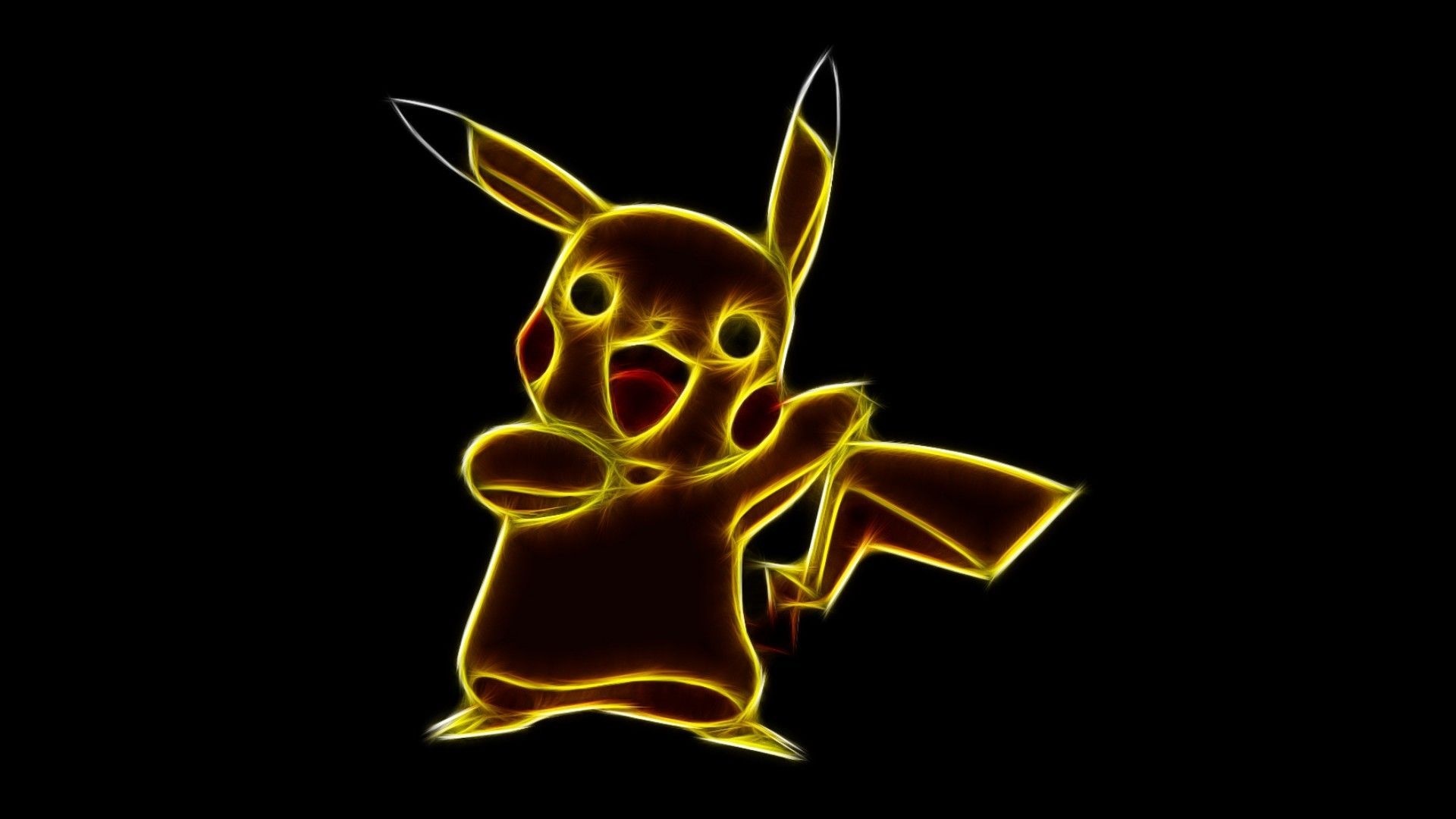 Pikachu, glowing neon outline, black background, Full HD Desktop wallpaper