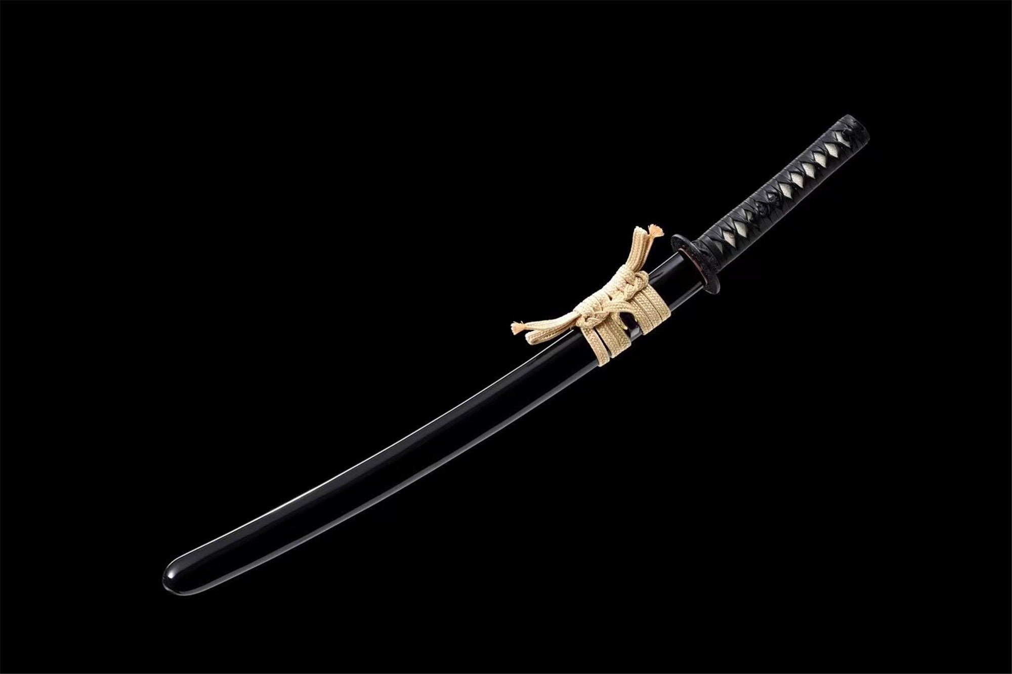 Sheathed Japanese katana, Beige sageo cord, Minimalist black background, HD Desktop wallpaper