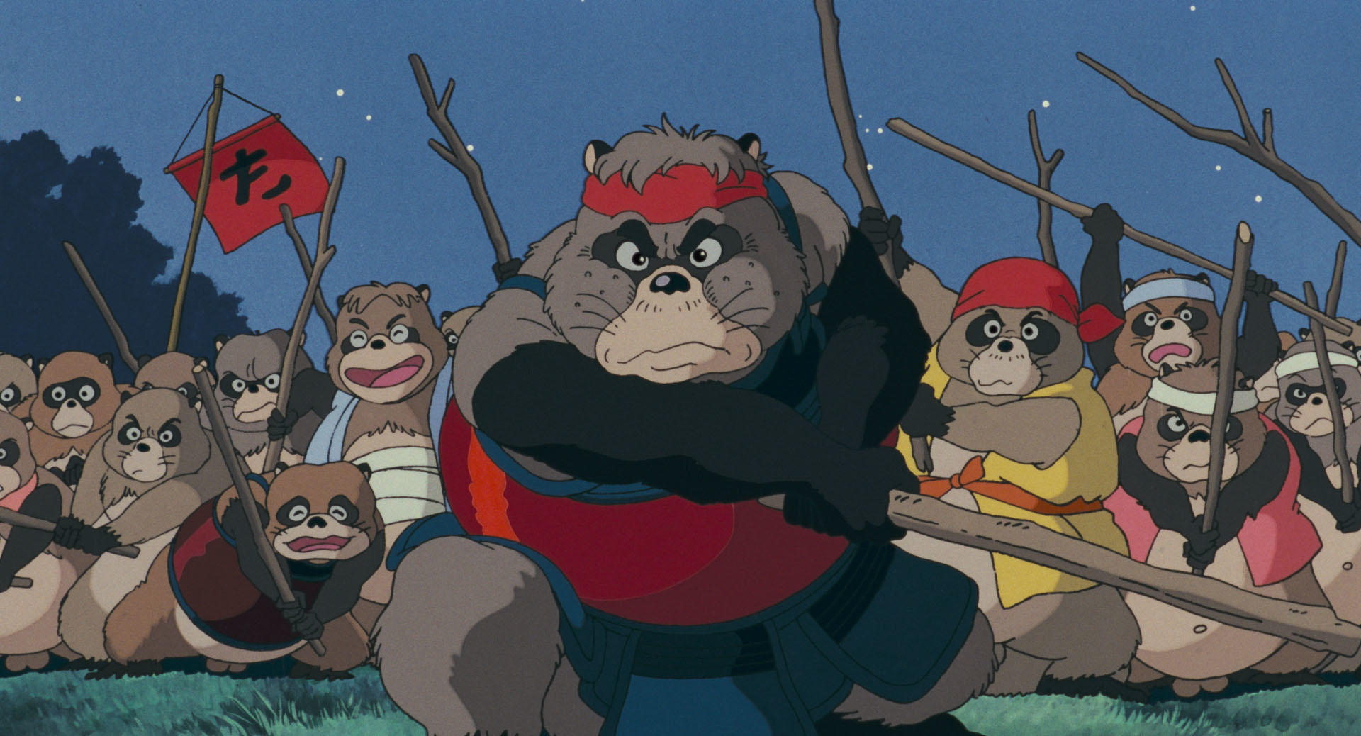 Gonta, Pom Poko, Tanuki army with wooden staves, Night gathering, HD Desktop wallpaper