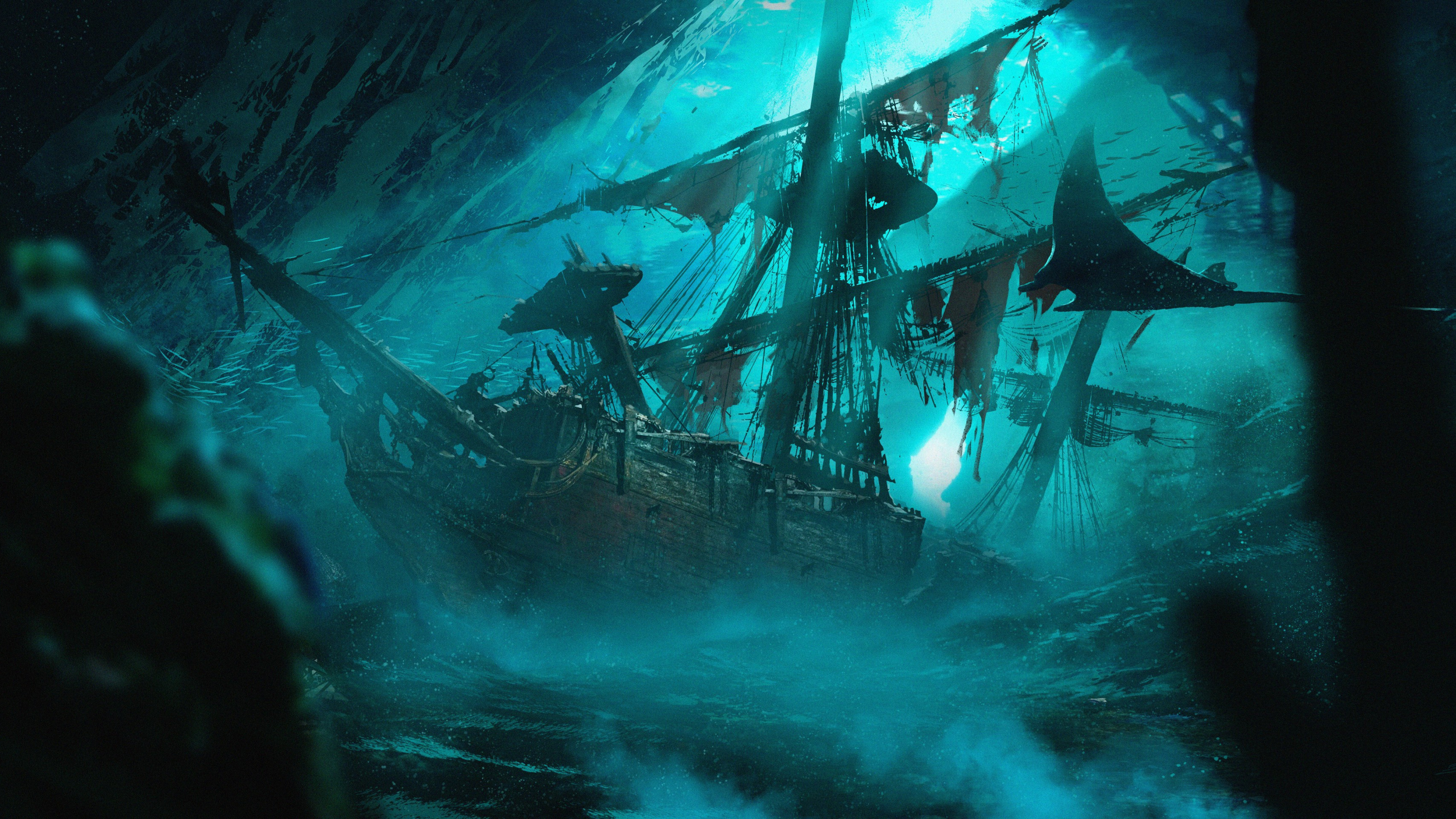 Ghost Ship, Download sailing ship, Wrecked storm artwork, Moonlight scene, 3840x2160 4K Desktop