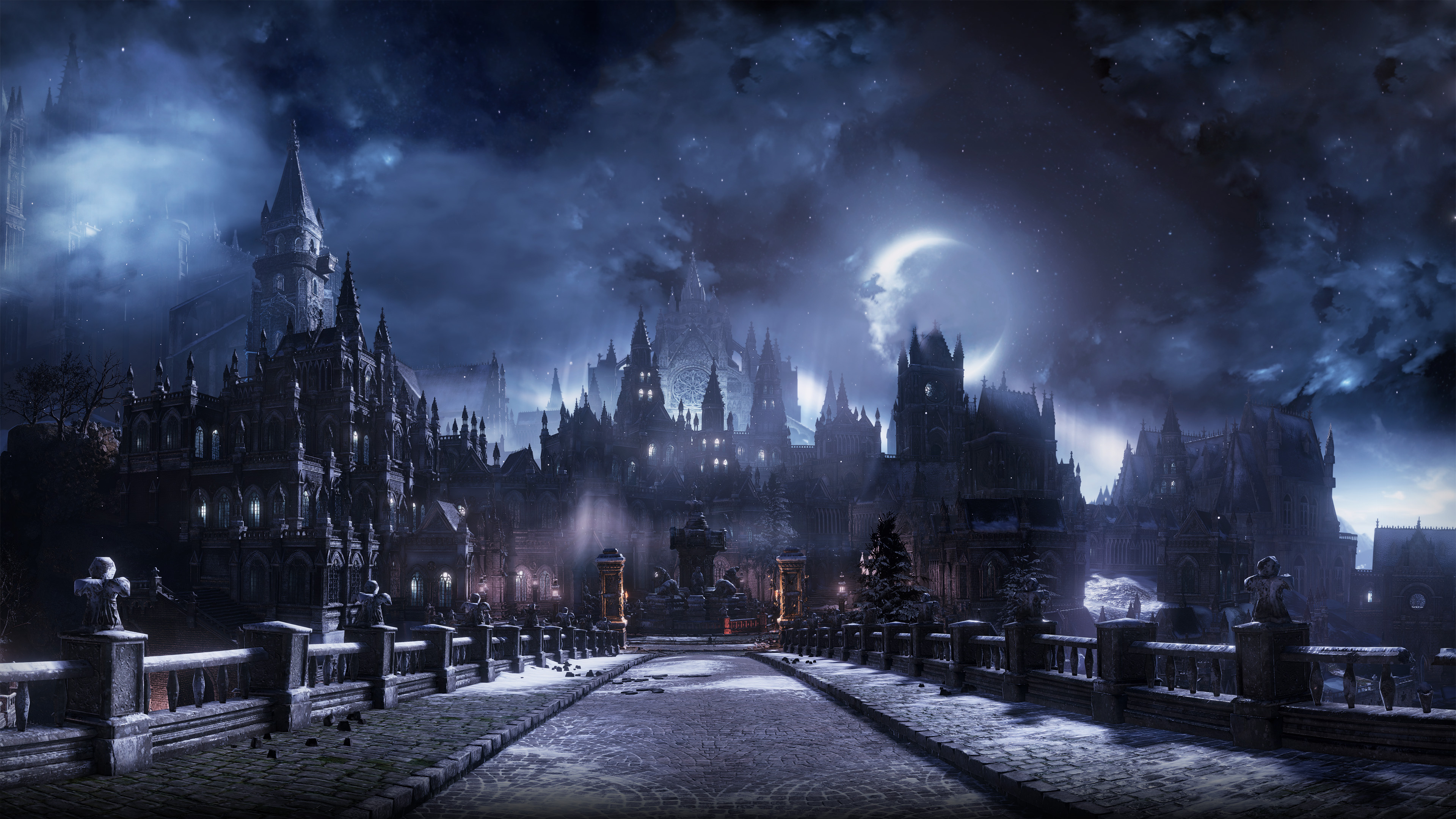 Irithyll of the Boreal Valley, Irithyll stone bridge, crescent moon night sky, 4K Desktop wallpaper