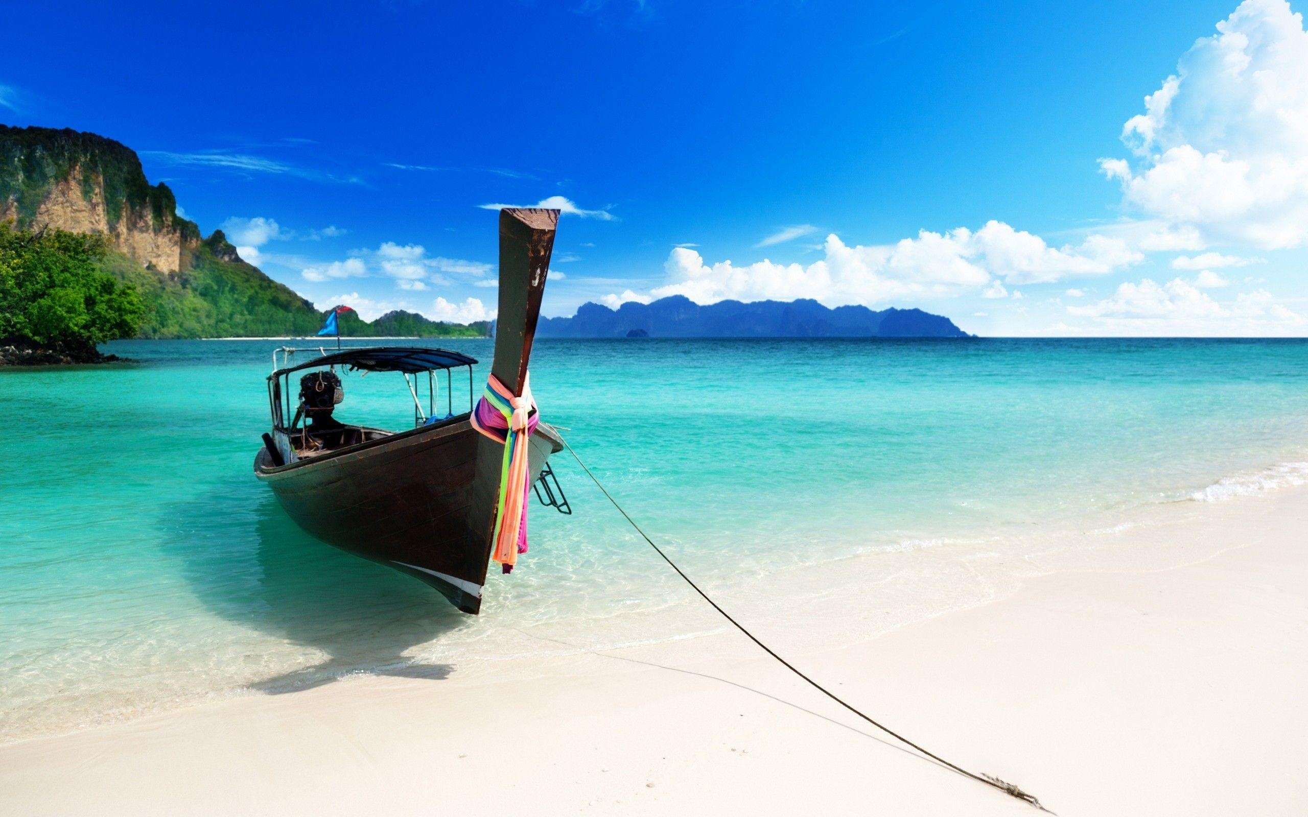 Thai long-tail boat, tropical white sand beach, clear turquoise sea, HD Desktop wallpaper