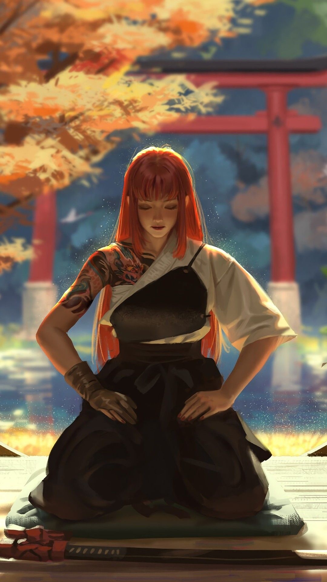 Red-haired female samurai, Red torii gate, Sheathed katana sword, Full HD Phone wallpaper