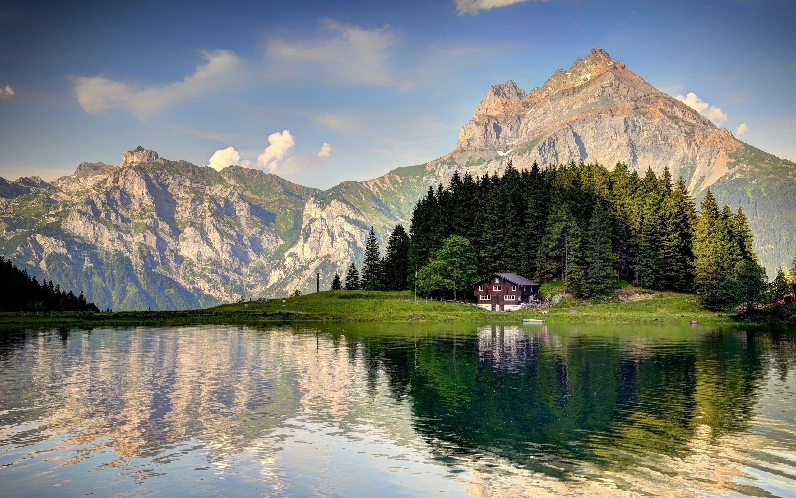 Swiss Alps mountain peak, Lakeside Alpine chalet, Coniferous forest lake reflection, HD Desktop wallpaper
