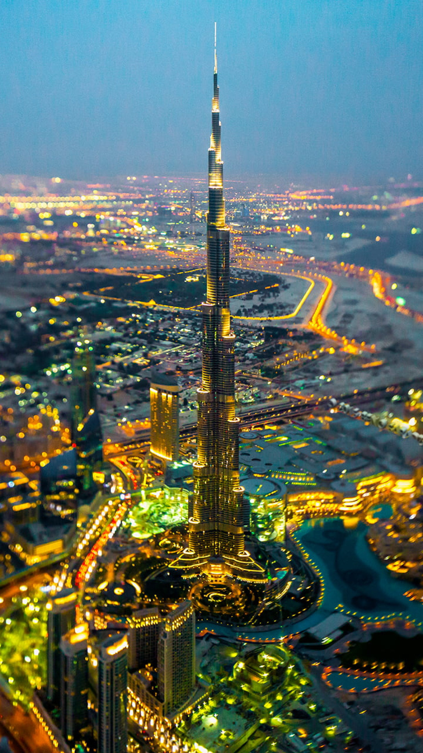 Burj Khalifa wallpaper, Dubai cityscape, City lights, Tilt shift, 1350x2400 HD Phone