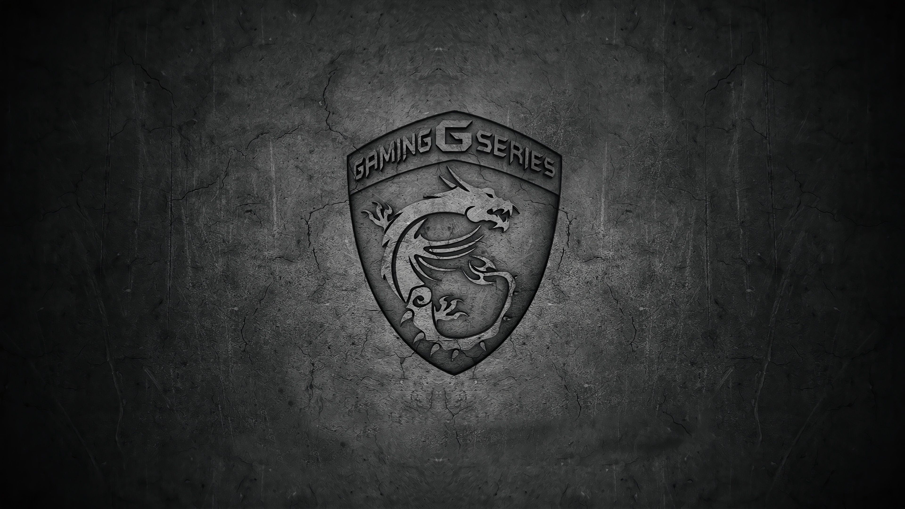 MSI dragon shield logo, GAMING G SERIES text, dark cracked concrete wall, 4K Desktop wallpaper