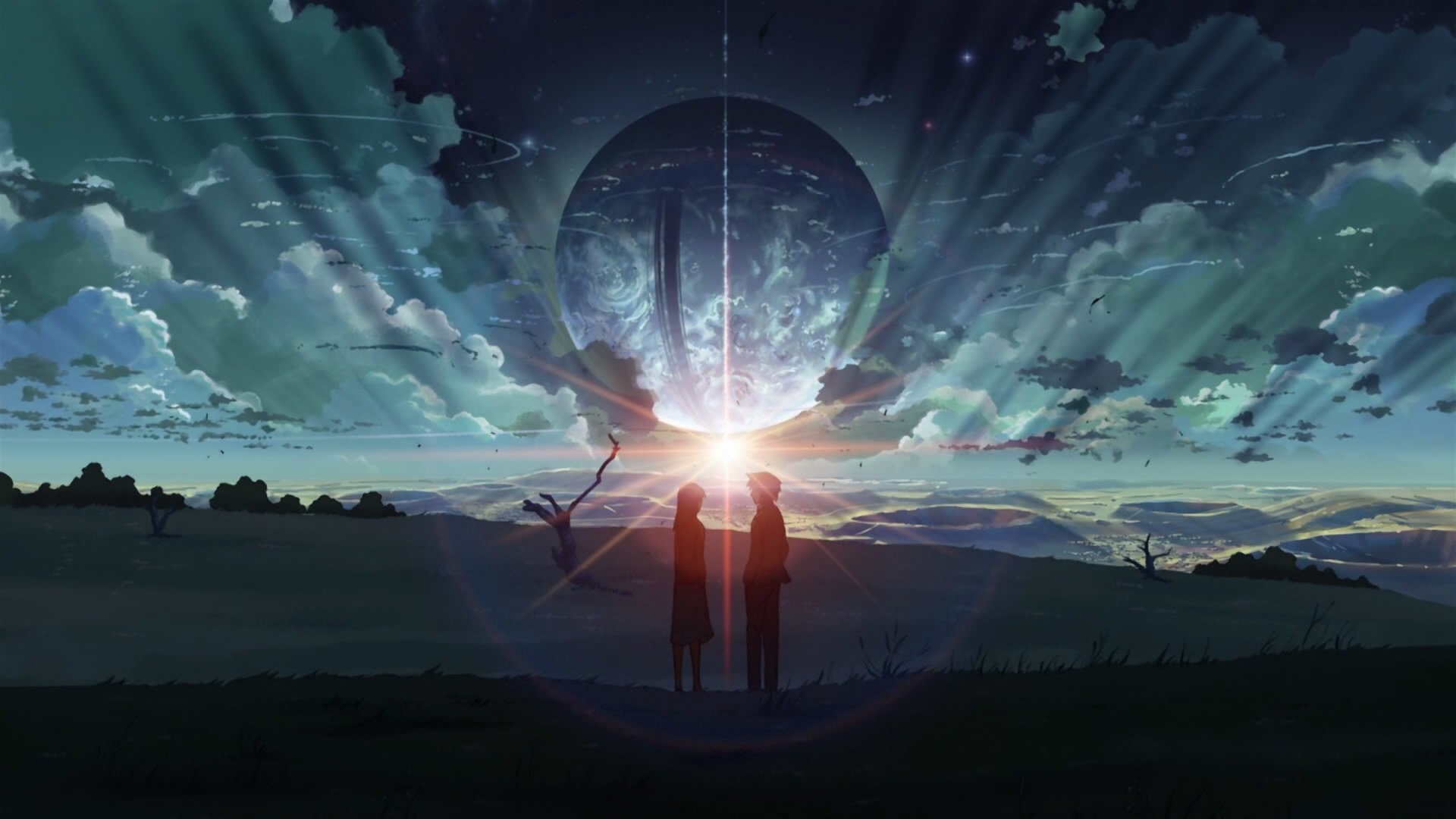 Takaki Tono silhouette, 5 Centimeters per Second anime, Giant celestial planet, Full HD Desktop wallpaper