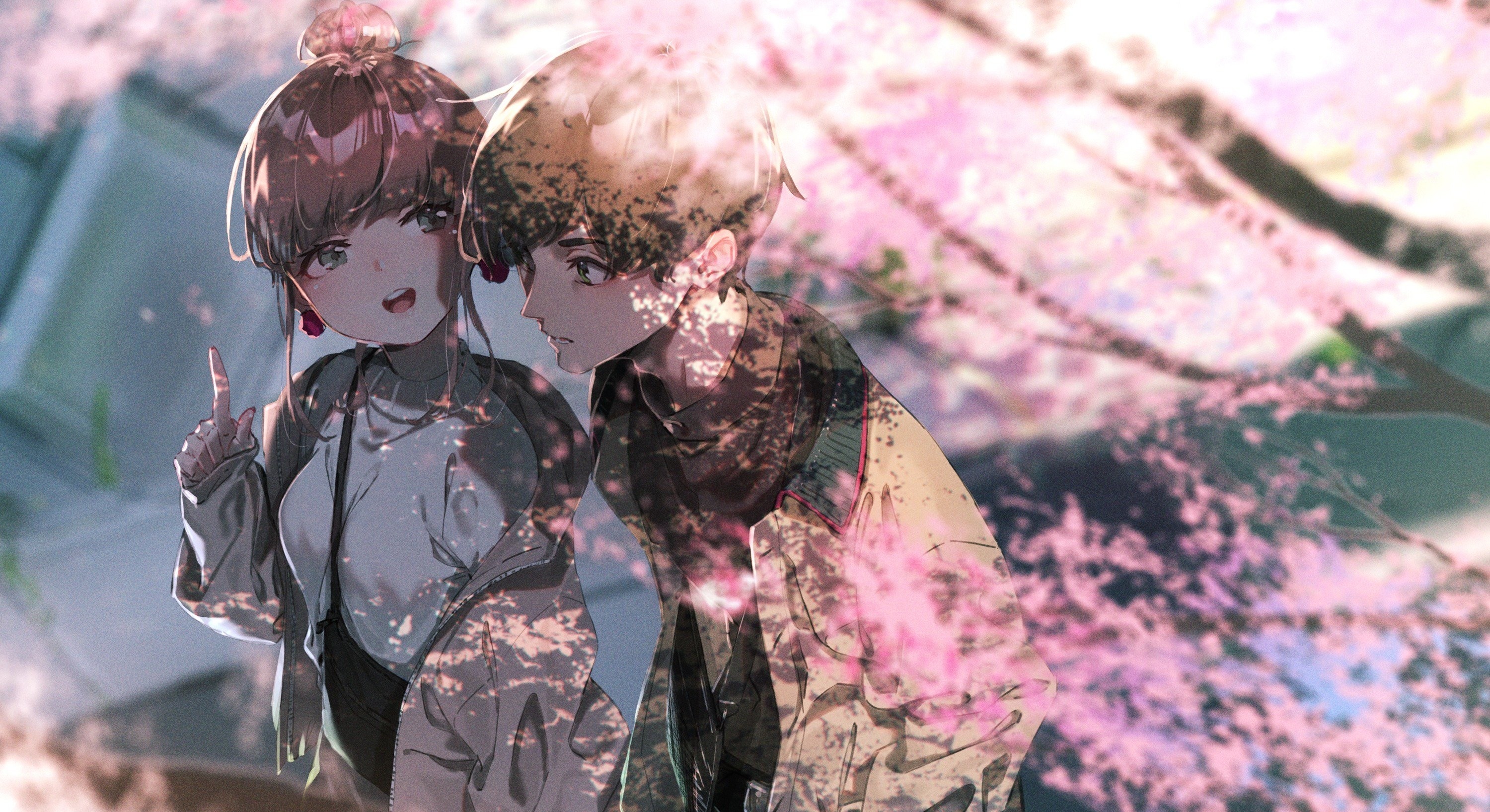young anime couple, blooming pink cherry blossoms, dappled spring sunlight, HD Desktop wallpaper