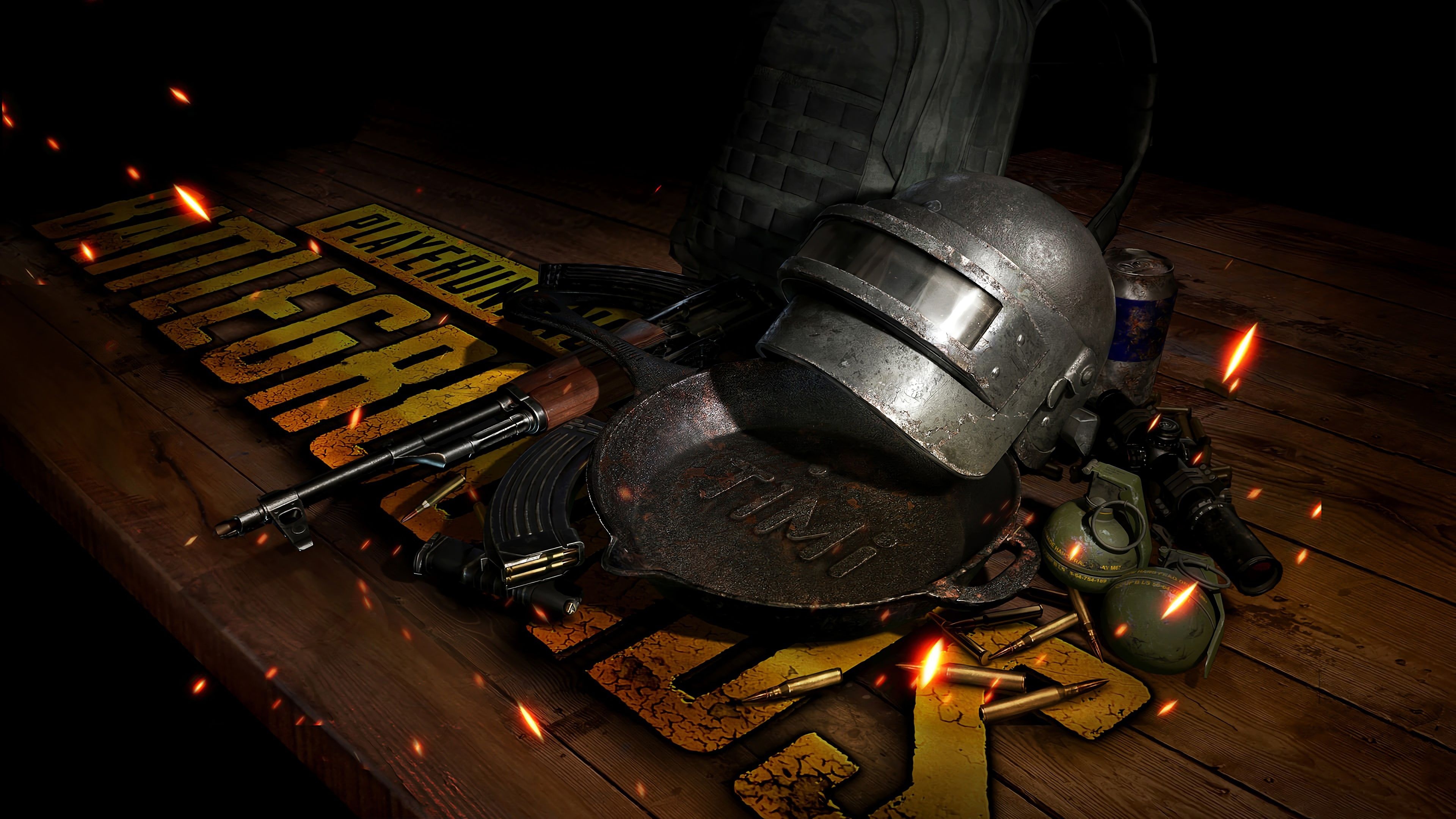 PUBG Level 3 helmet, cast iron frying pan, AKM assault rifle, M67 fragmentation grenade, 4K Desktop wallpaper