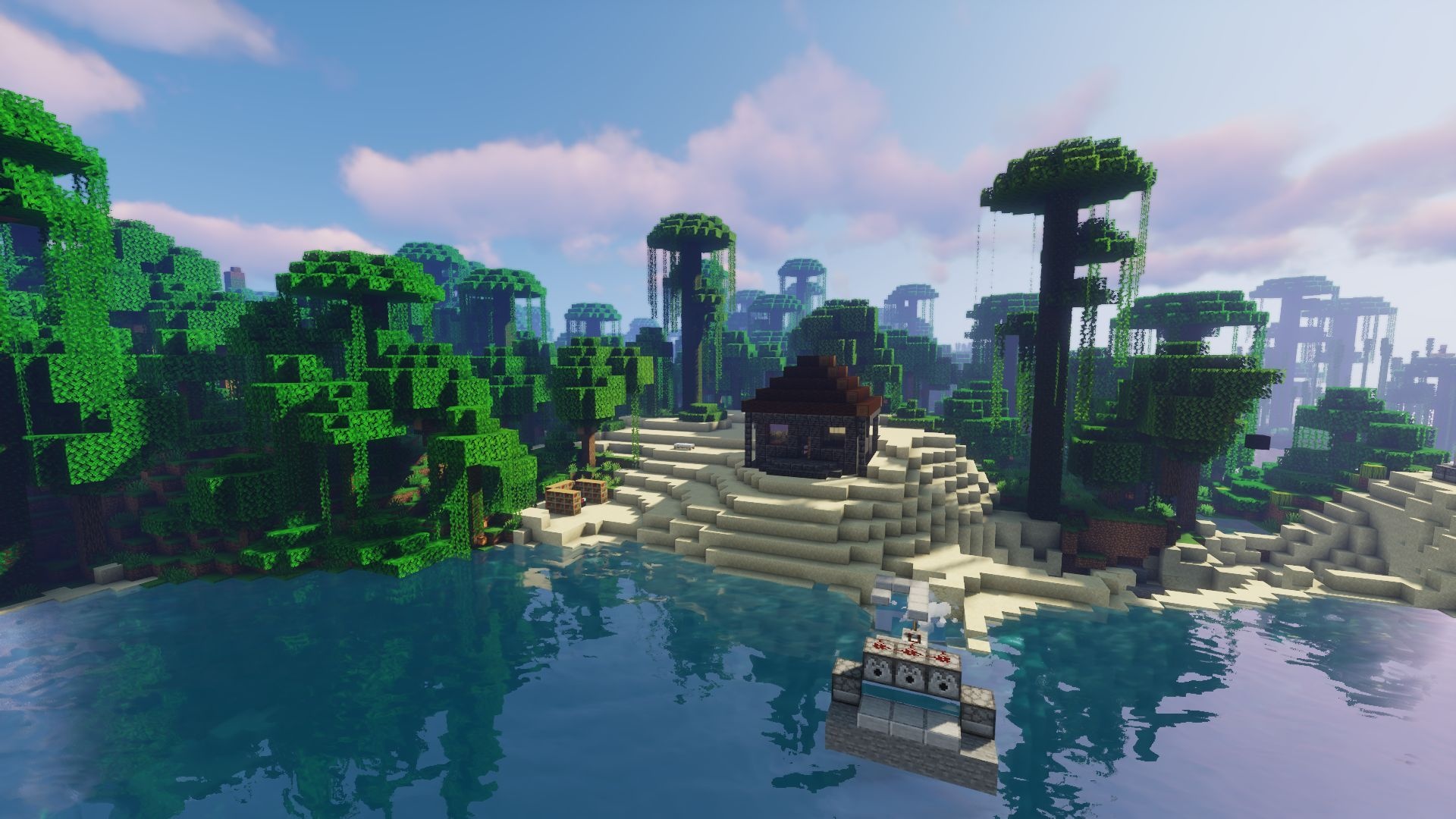 Minecraft jungle biome, wooden beach hut, redstone water contraption, Full HD Desktop wallpaper