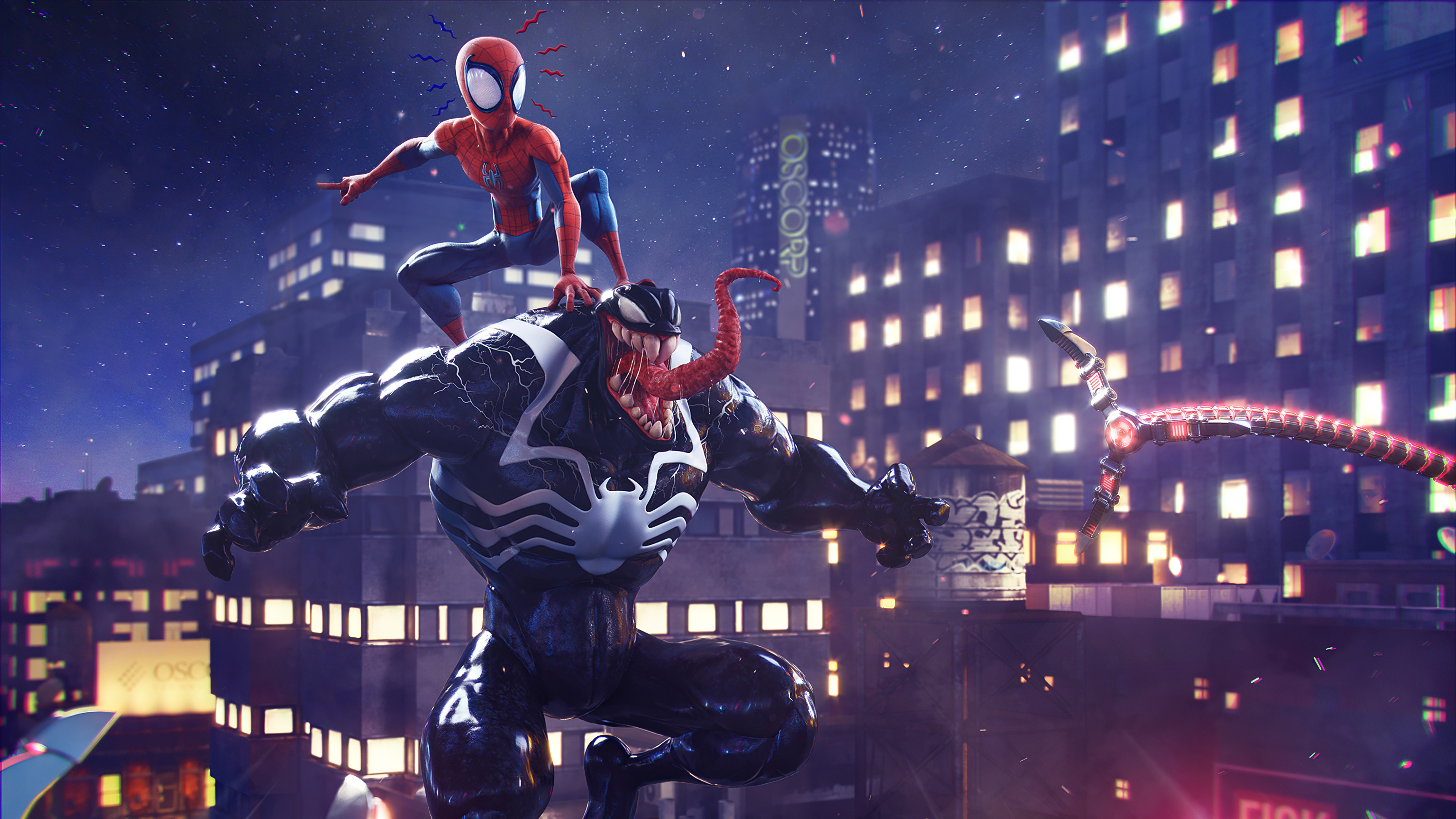 Spider-Man, Venom, Doctor Octopus mechanical tentacle, Oscorp tower, 4K Desktop wallpaper