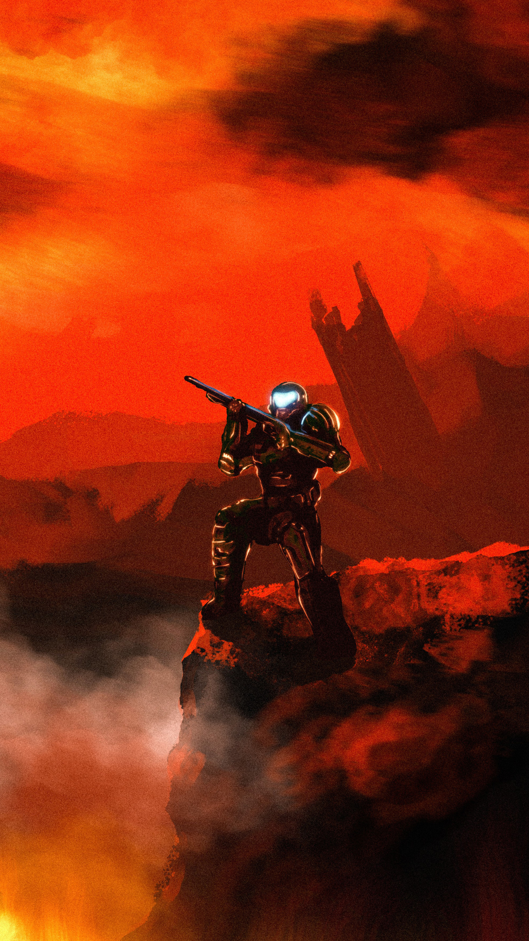 Doom Slayer, Shotgun, Fiery Hell landscape, 4K Phone wallpaper