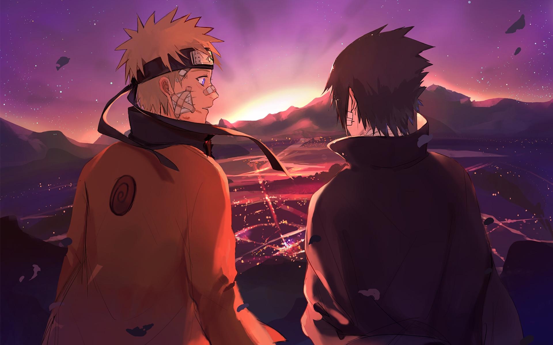 Naruto Uzumaki, Sasuke Uchiha, purple sunset horizon, HD Desktop wallpaper