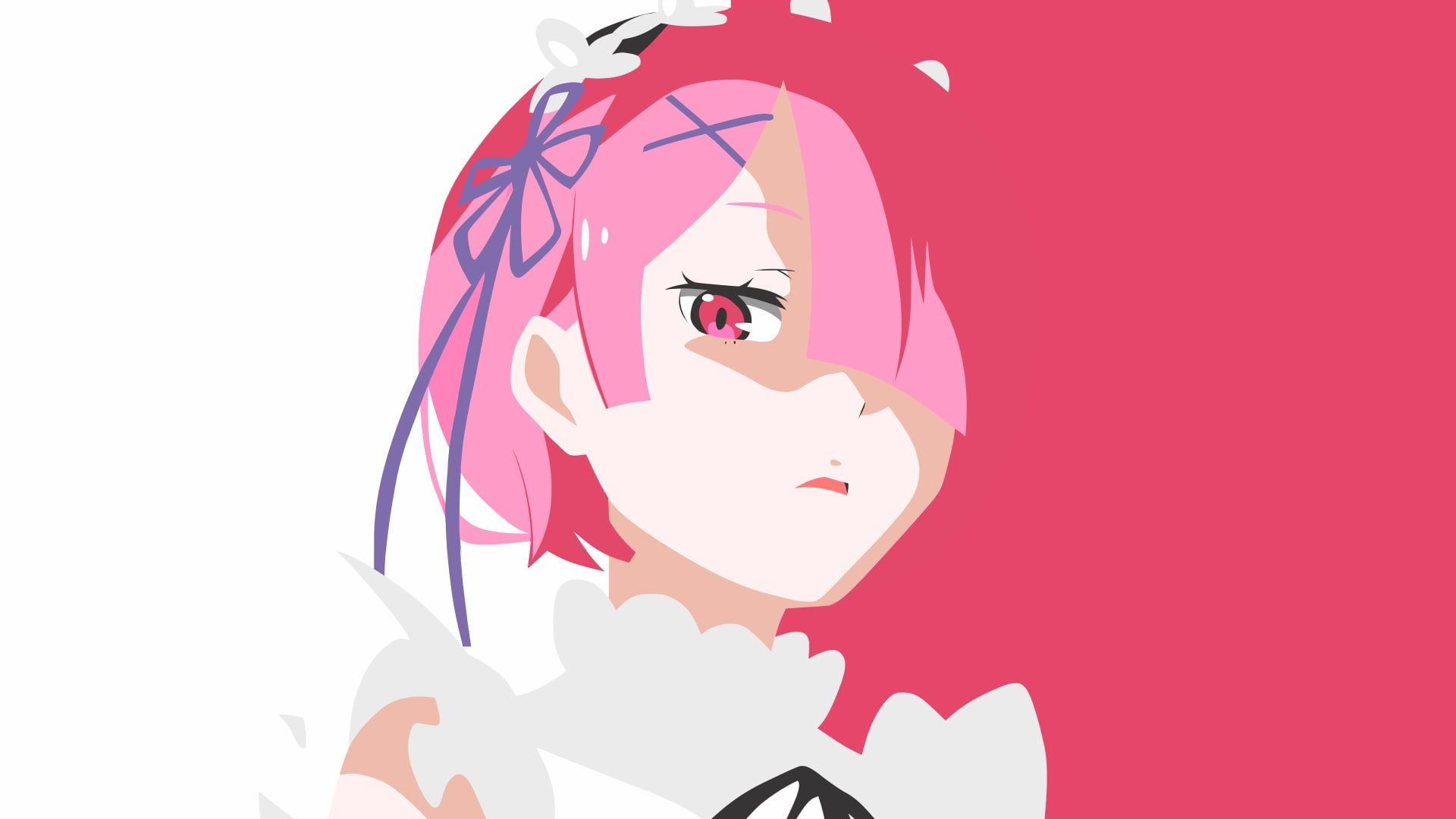 Ram from Re:Zero, Minimalist anime vector portrait, Pink maid headpiece ribbon, Full HD Desktop wallpaper