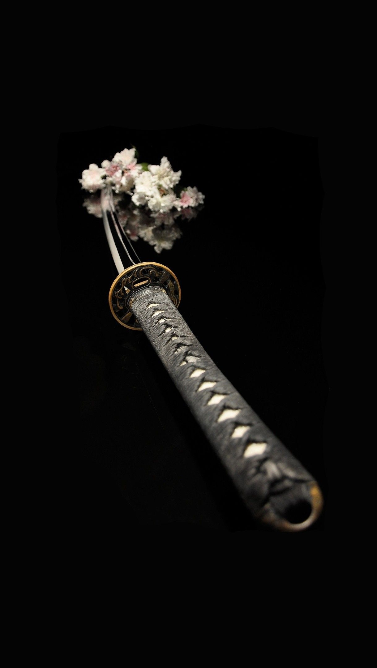 Japanese katana sword, Cherry blossom flowers, Black reflective surface, HD Phone wallpaper