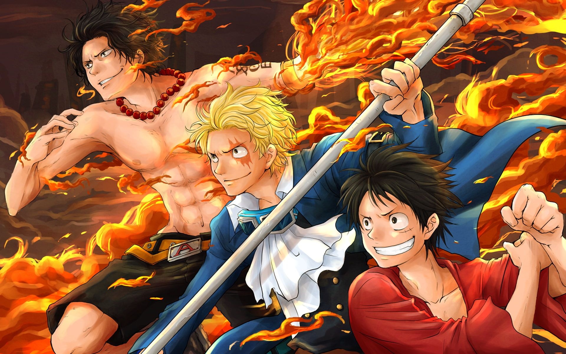 Portgas D. Ace, Sabo, Monkey D. Luffy, burning flames, HD Desktop wallpaper