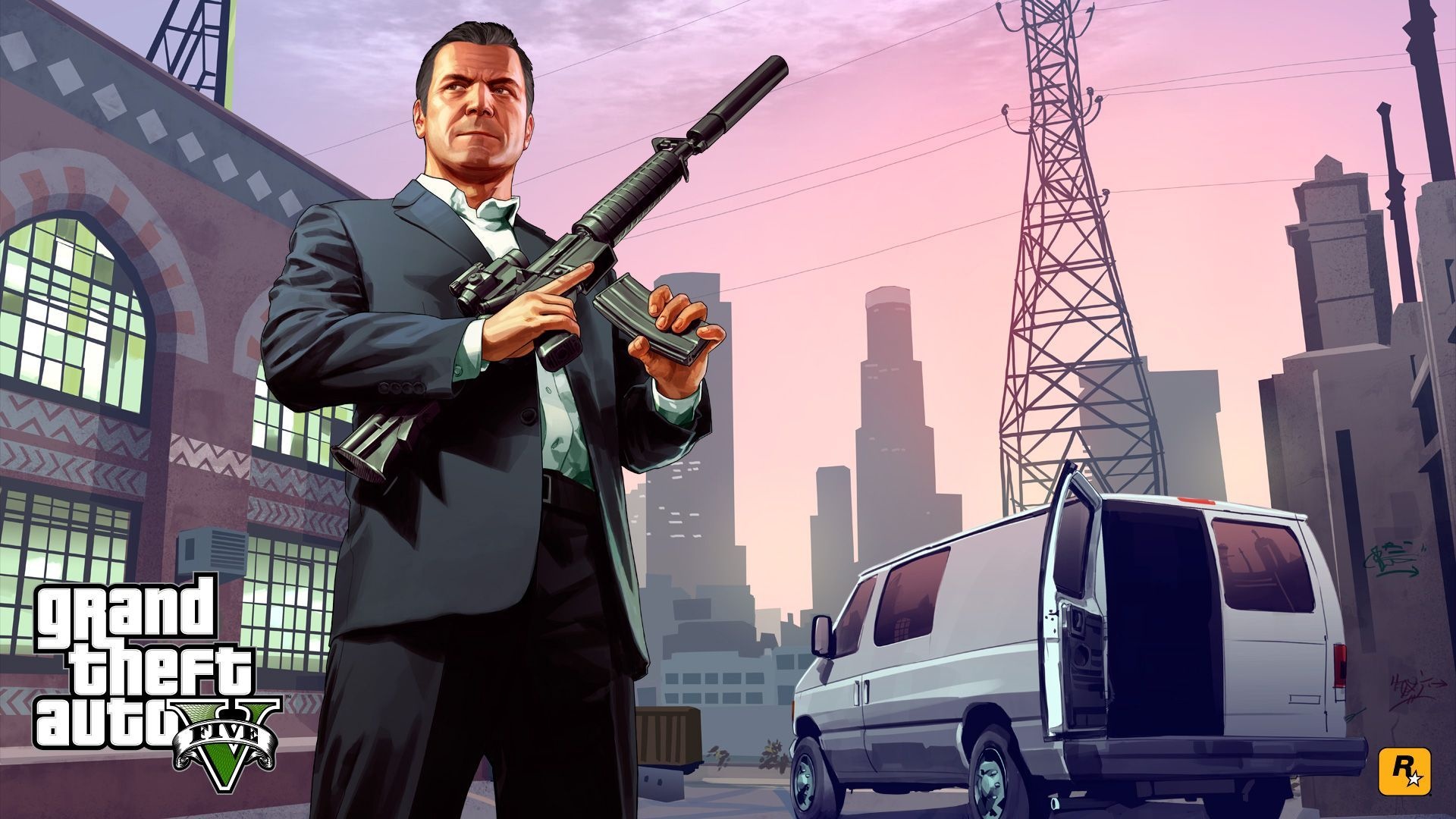 Michael De Santa in black suit, Suppressed carbine rifle, White getaway van, Grand Theft Auto V logo, Full HD Desktop wallpaper