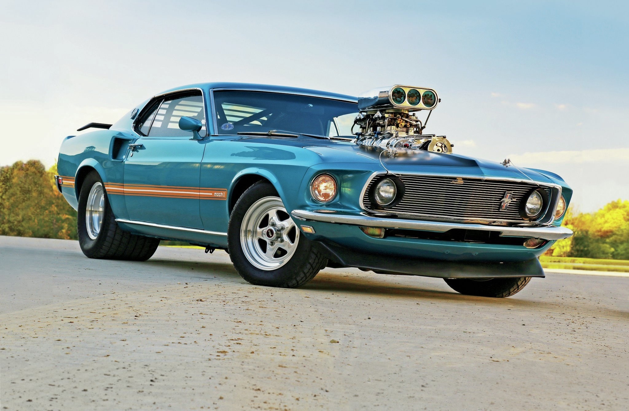 1969 Ford Mustang Mach 1, Supercharged engine blower scoop, Polished drag racing wheels, HD Desktop wallpaper