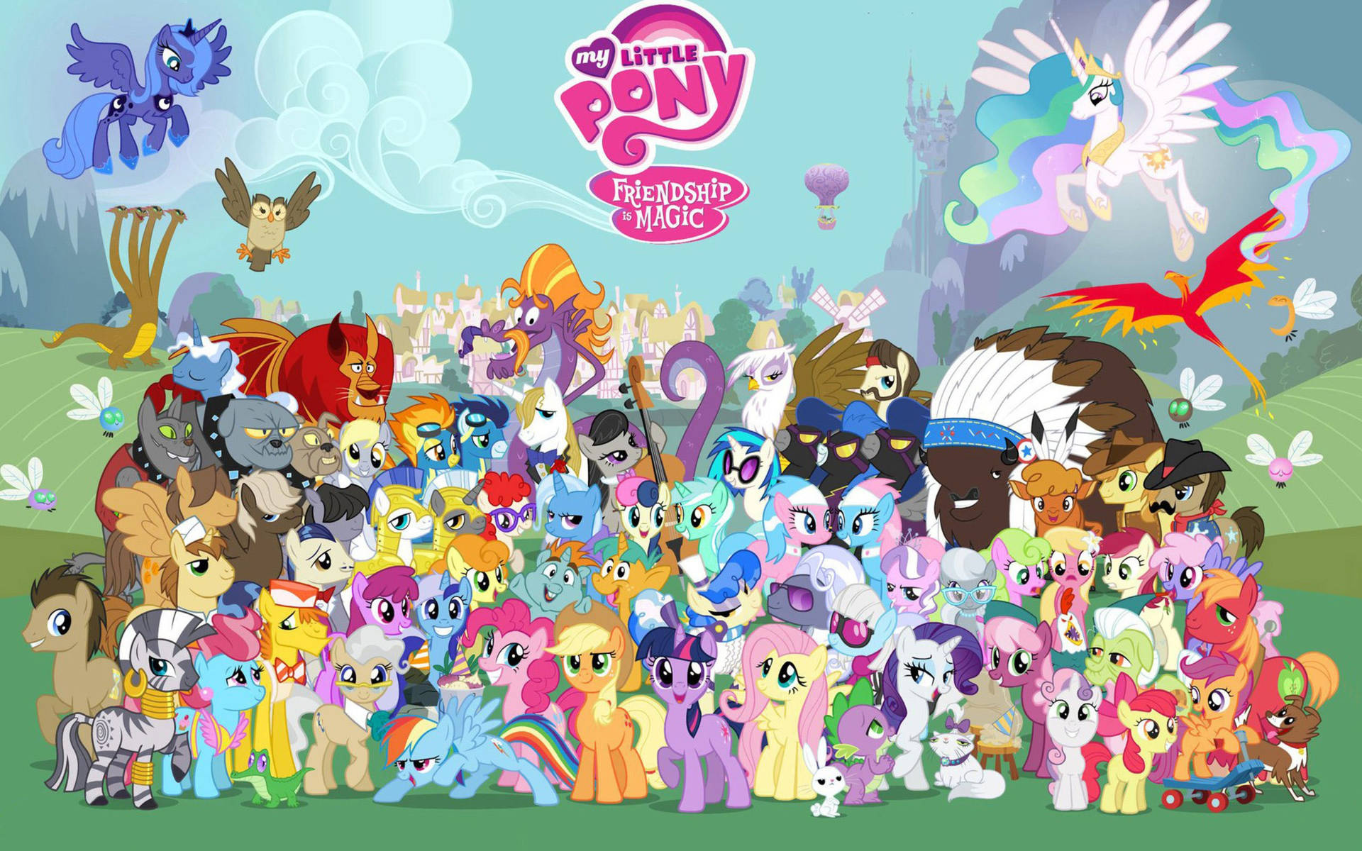 My Little Pony: Friendship is Magic logo, Twilight Sparkle, Princess Celestia, Princess Luna, Equestria pony cast, HD Desktop wallpaper