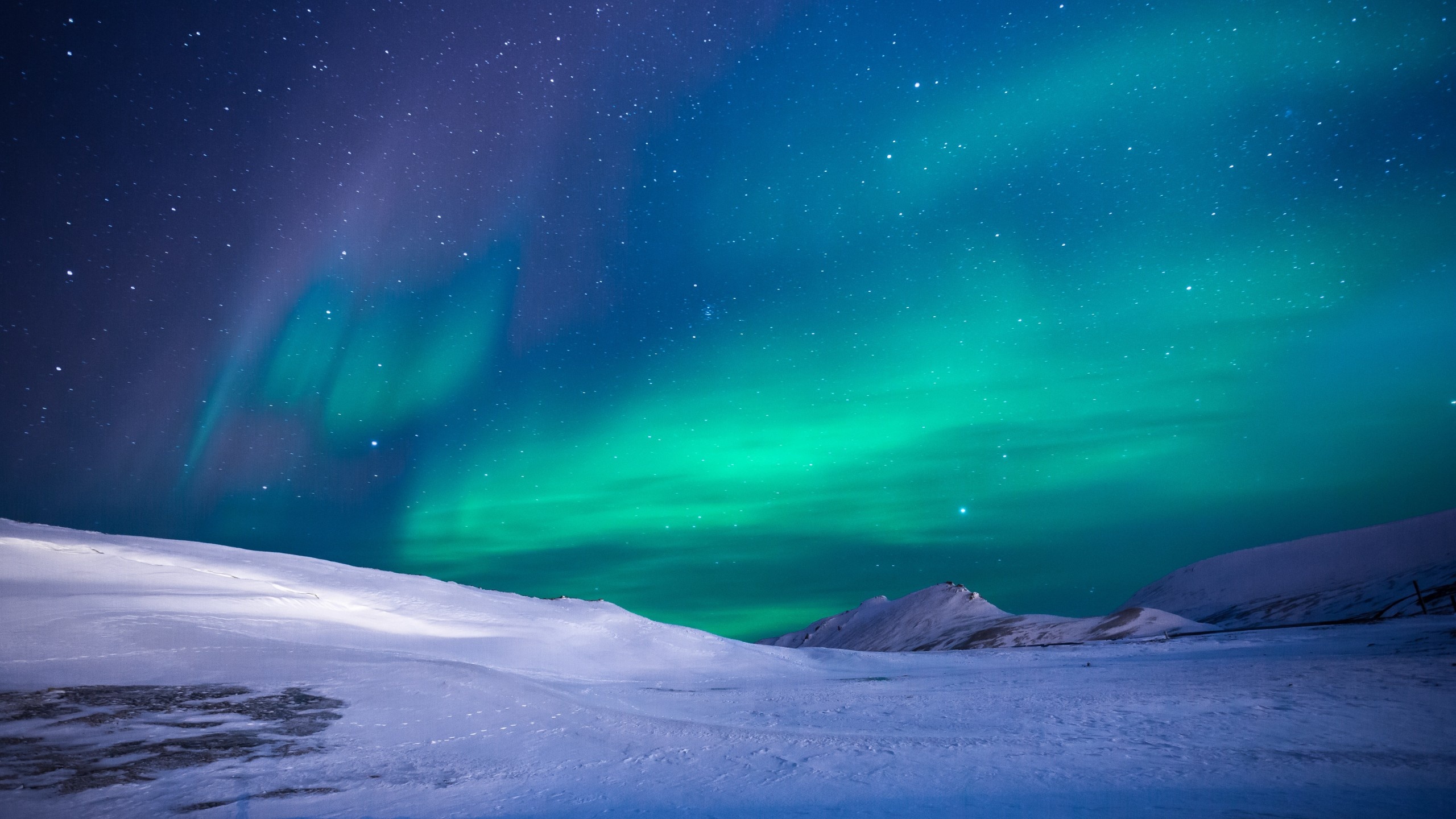 Green Aurora Borealis, Snowy Alaska landscape, Starry night sky, HD Desktop wallpaper