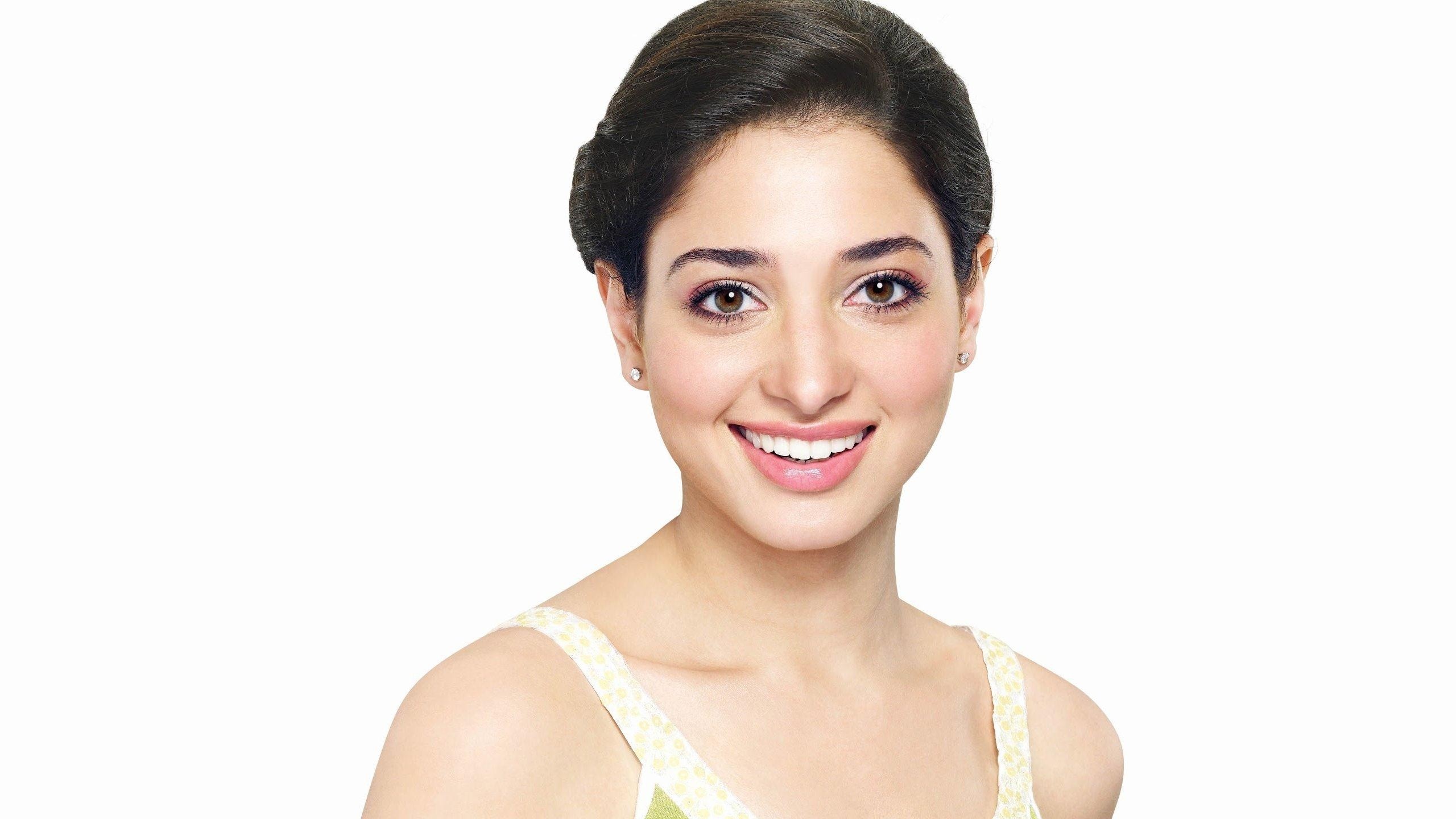 Tamannaah Bhatia, Yellow patterned strap top, White studio backdrop, HD Desktop wallpaper