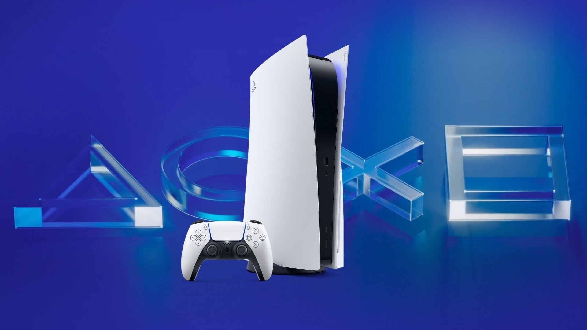 PlayStation 5 console, DualSense wireless controller, Glass PlayStation button symbols, Cobalt blue backdrop, Full HD Desktop wallpaper