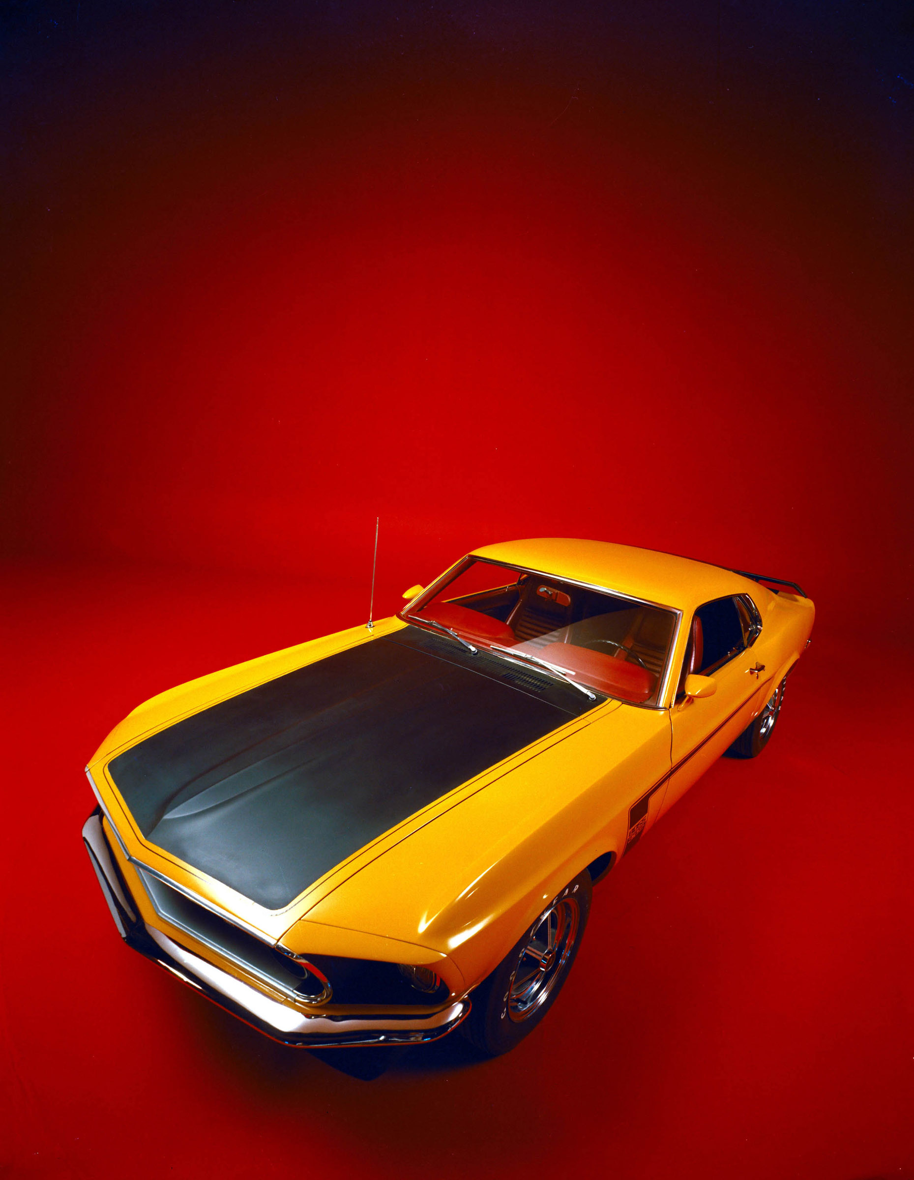 1969 Ford Mustang Boss 302, Matte black hood, Vibrant red studio background, HD Phone wallpaper