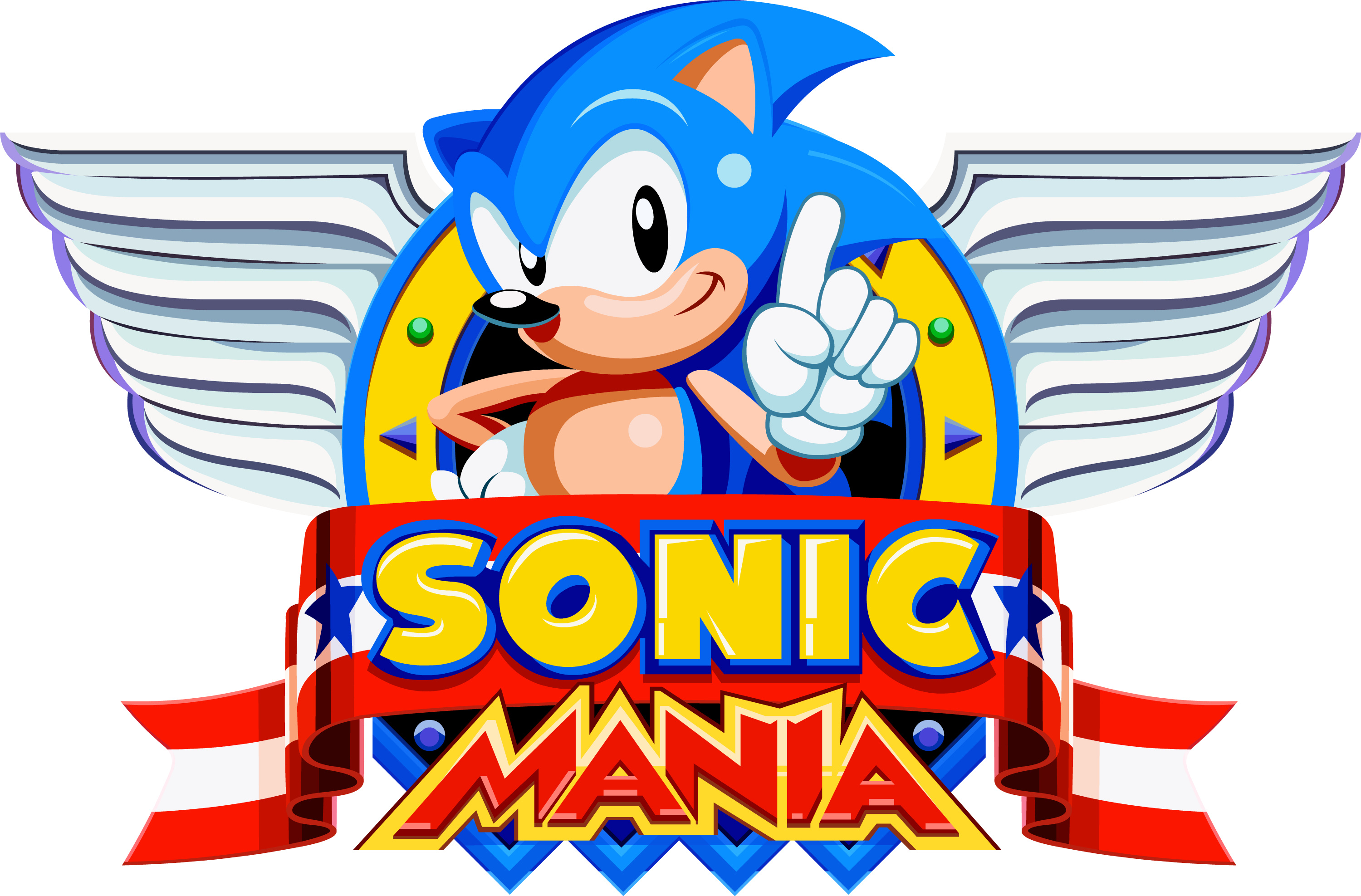 Sonic Mania logo, Sonic the Hedgehog pointing, Winged emblem with ribbons, HD Desktop wallpaper