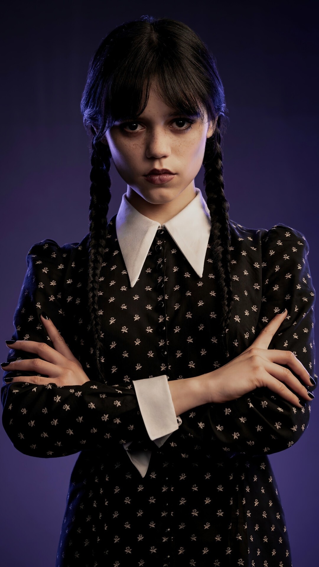 Wednesday Addams, Jenna Ortega, black floral collared dress, Full HD Phone wallpaper