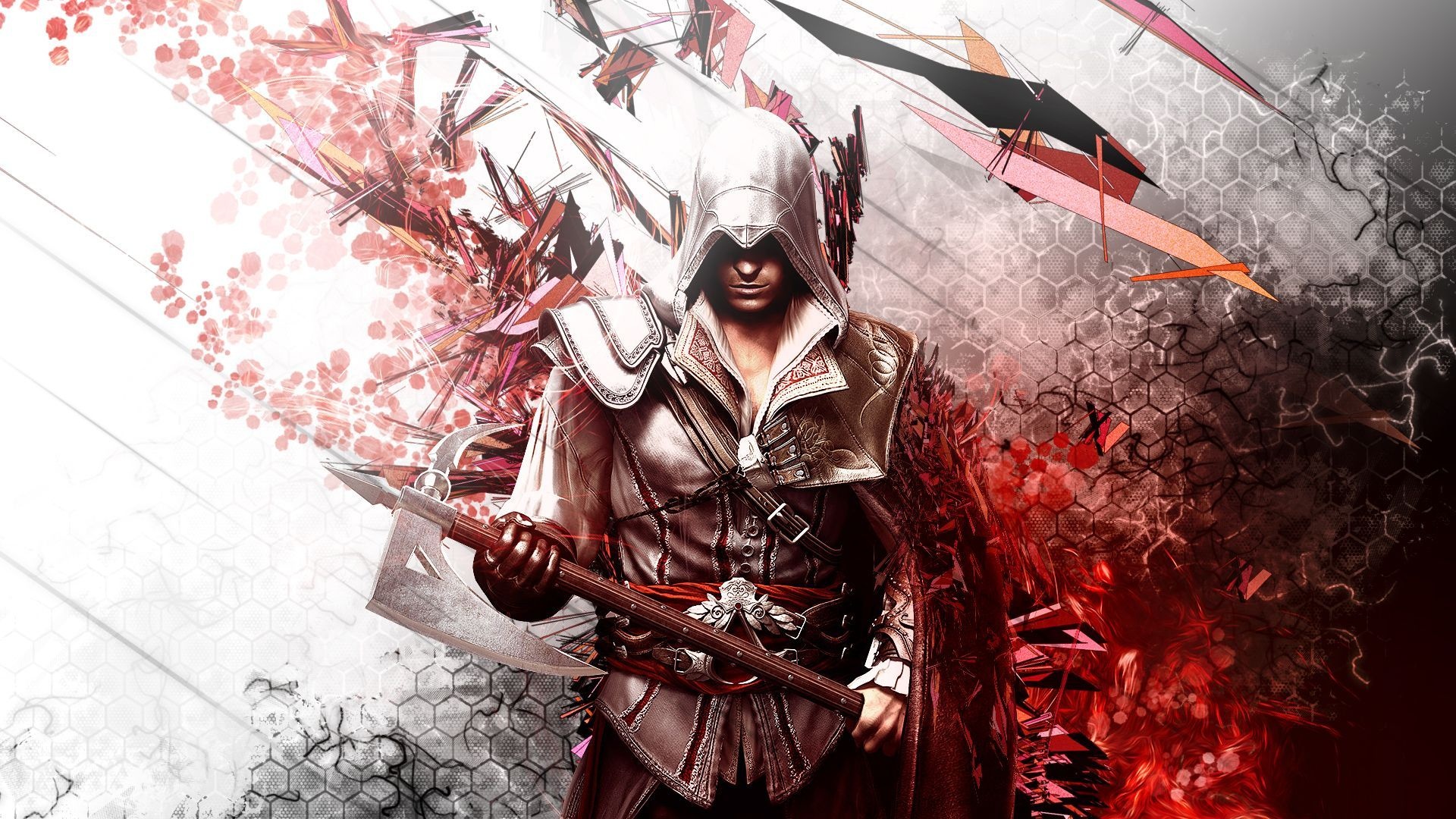 Ezio Auditore da Firenze, Assassin's Creed, Abstract red Animus graphics, Full HD Desktop wallpaper