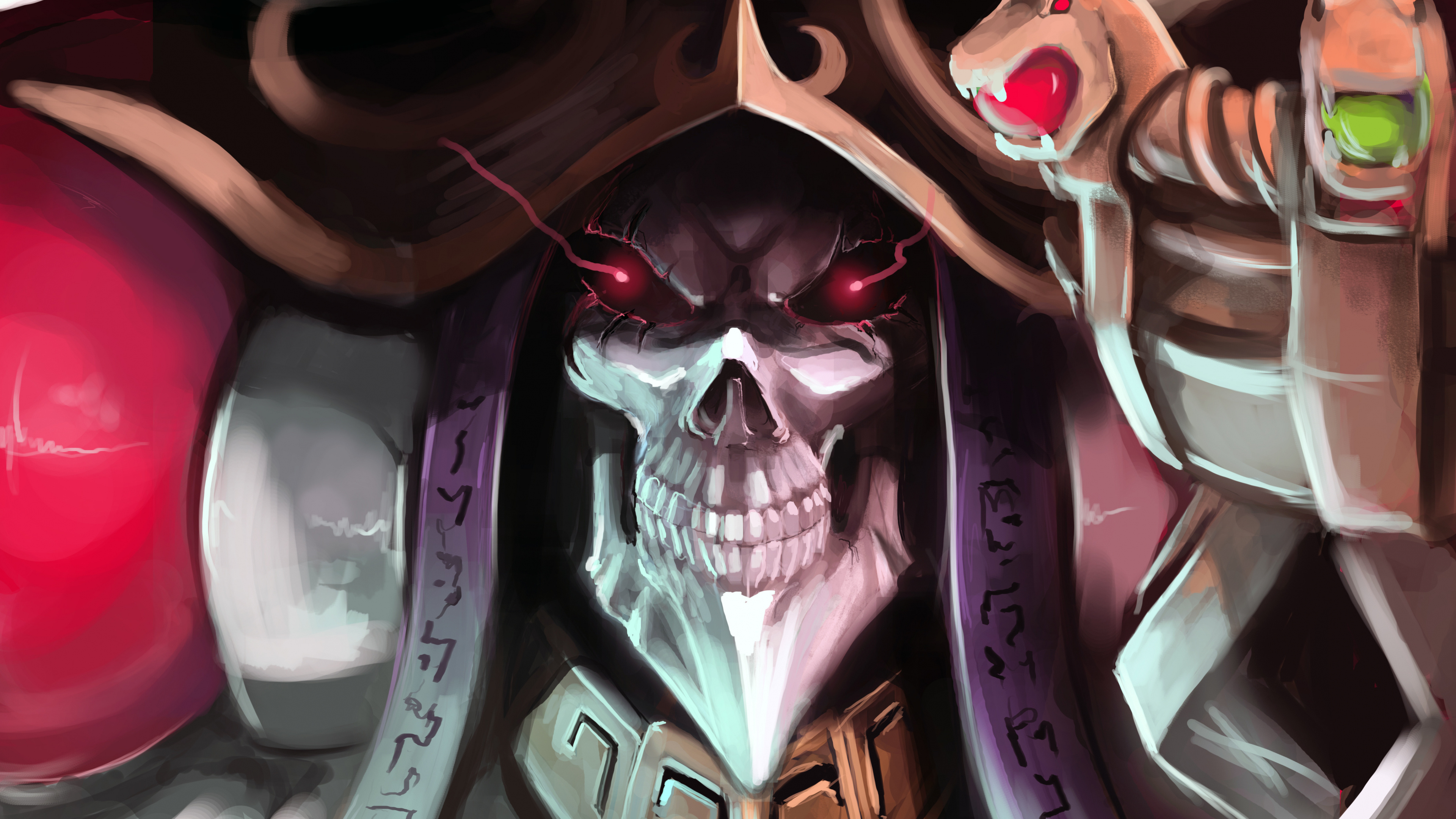 Ainz Ooal Gown from Overlord, Serpent staff red orb, Rune-embroidered dark robe, Glowing crimson eye sockets, 4K Desktop wallpaper