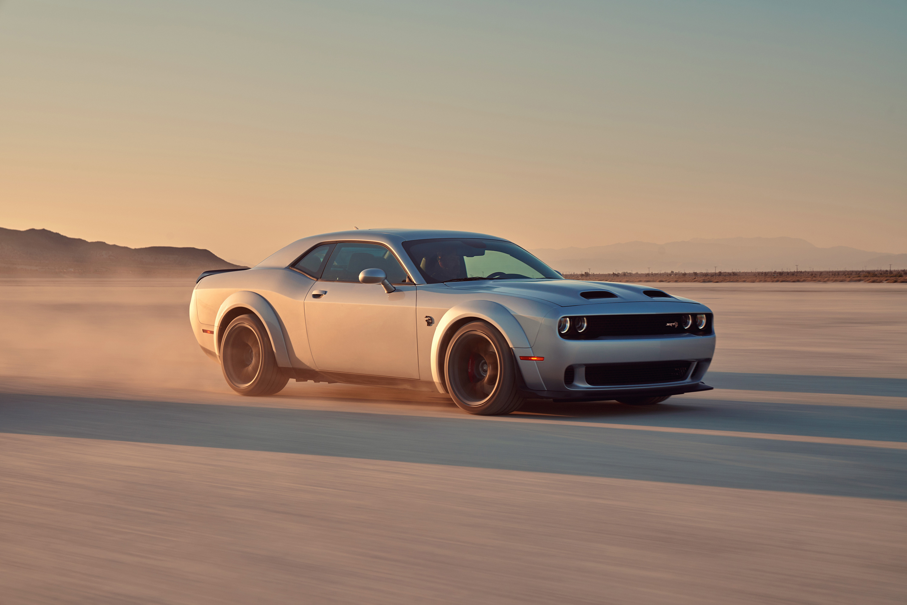 Dodge Challenger SRT Hellcat Widebody, desert dry lake bed, golden hour sunset, HD Desktop wallpaper