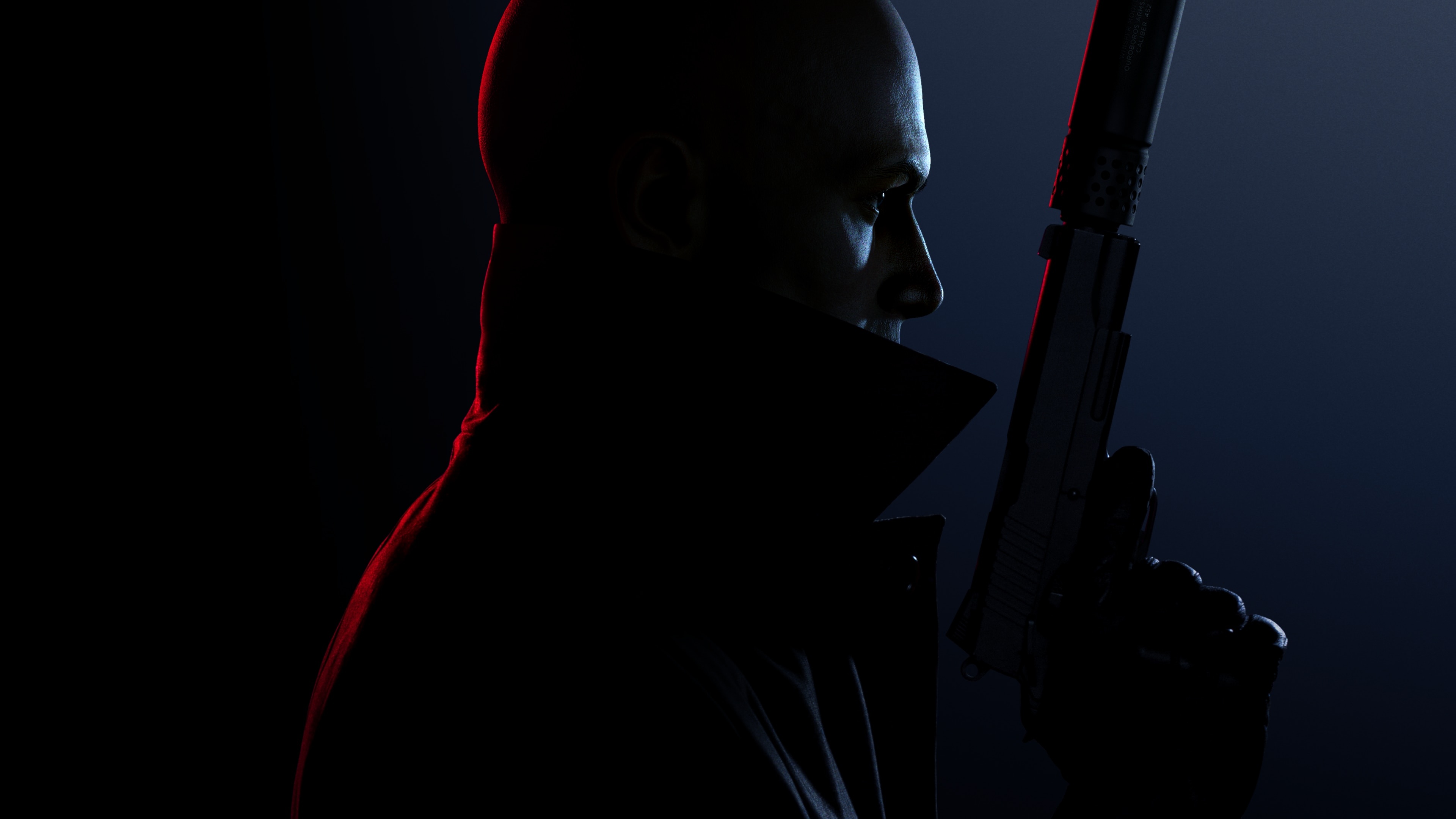 Agent 47, Suppressed Silverballer pistol, Red and blue lighting, 4K Desktop wallpaper