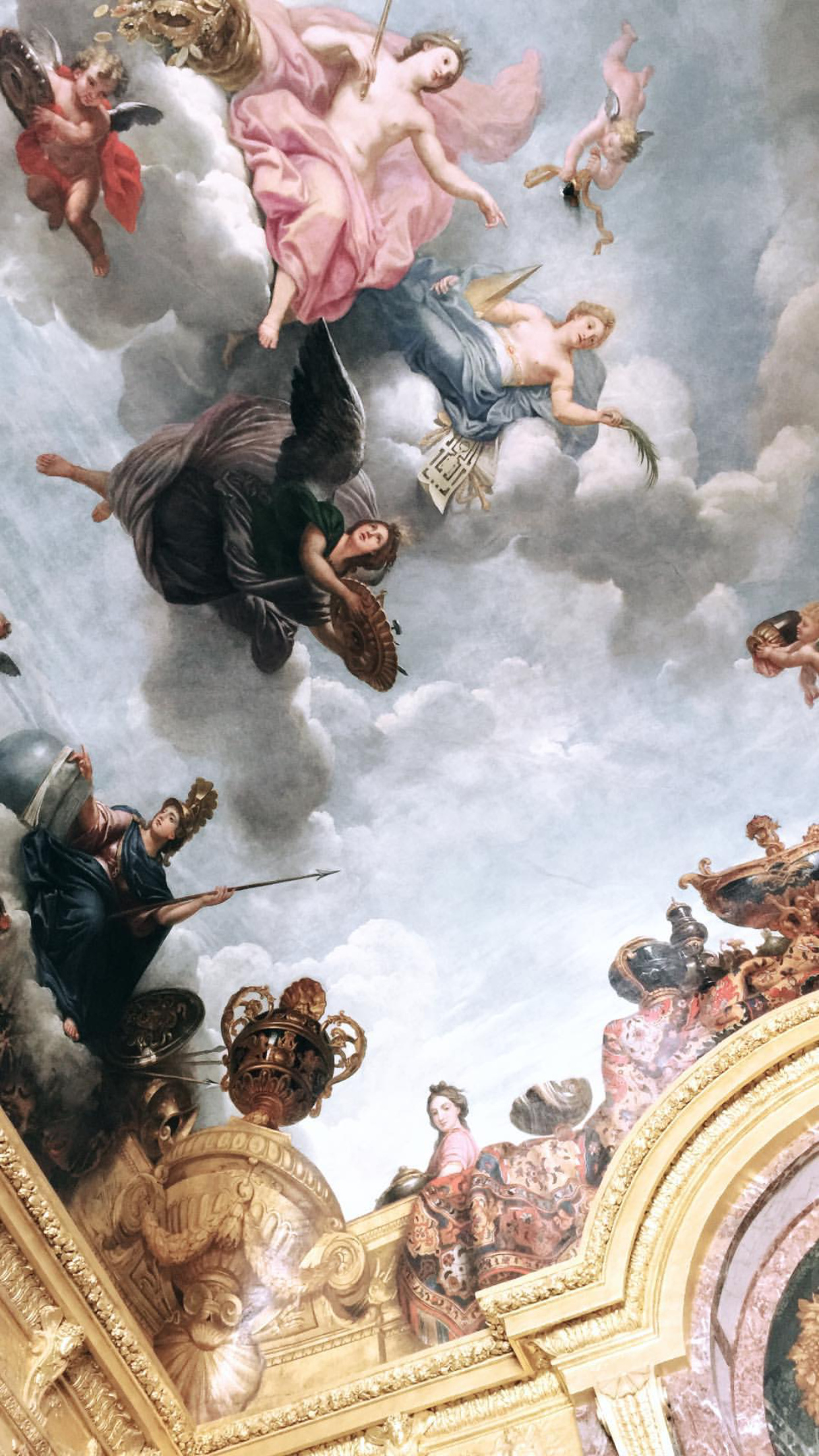 Baroque ceiling fresco, Minerva with spear, Gilded trompe-l'oeil cornice, HD Phone wallpaper