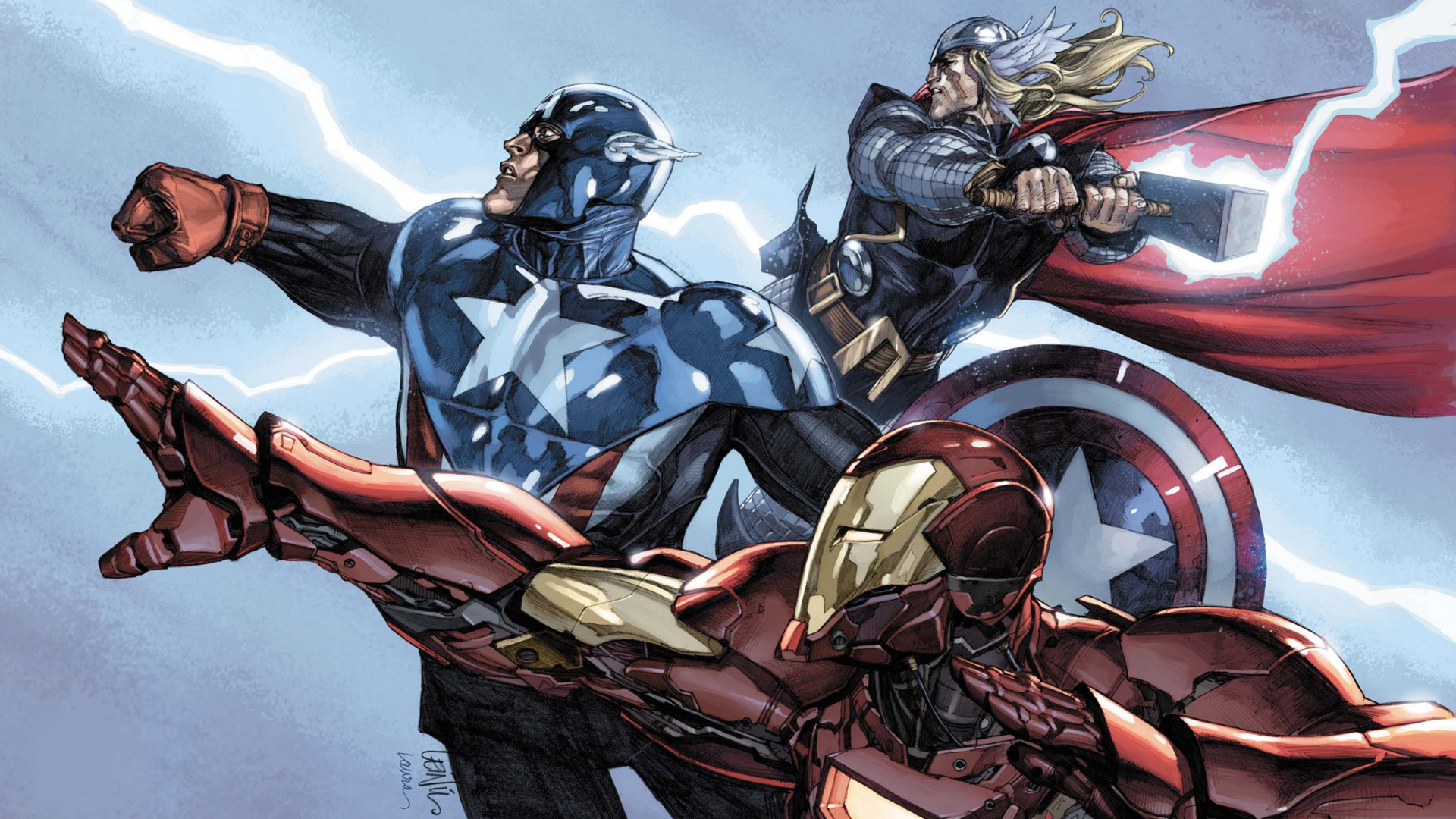 Iron Man, Captain America, Thor, Mjolnir hammer, Full HD Desktop wallpaper