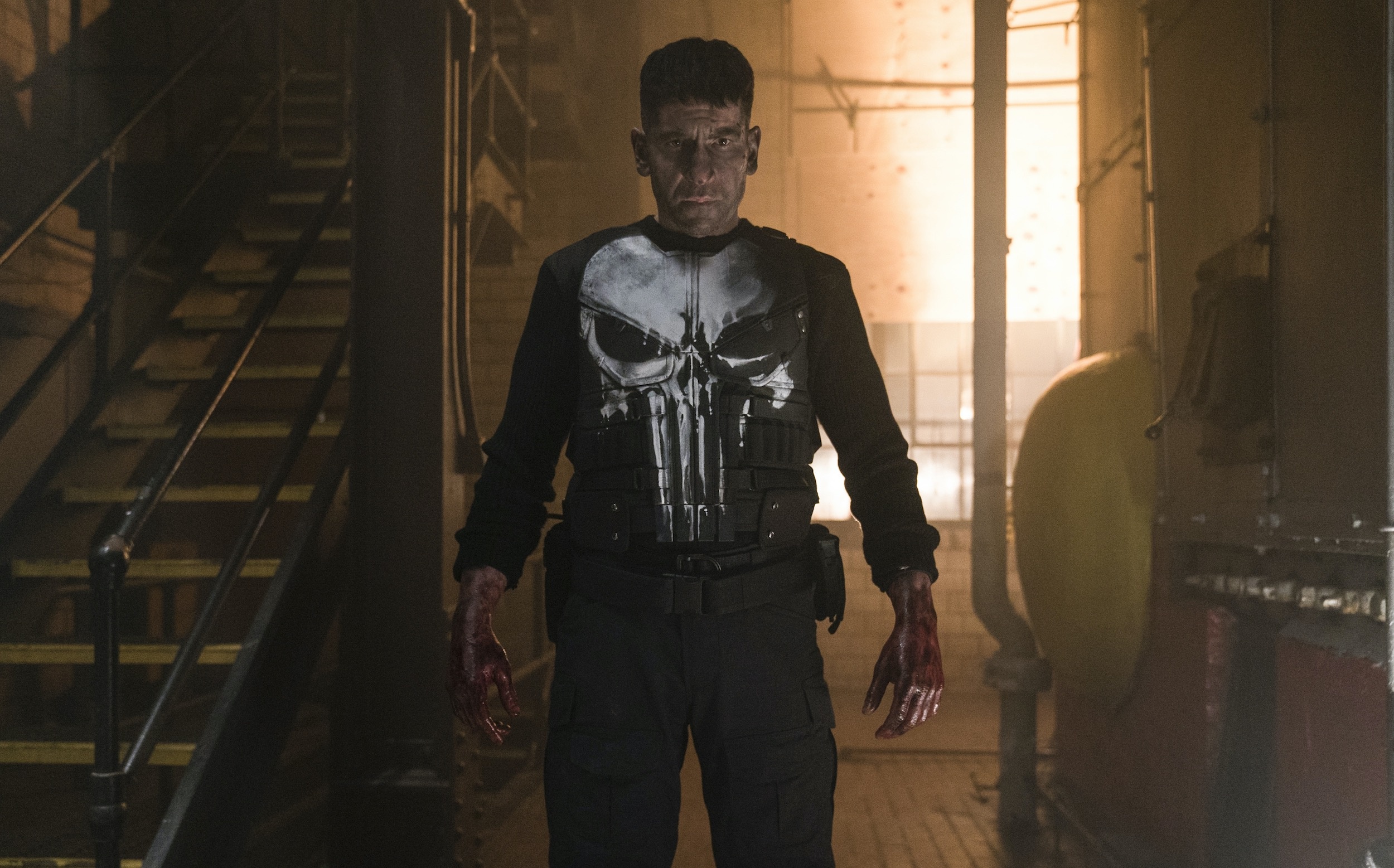 Jon Bernthal as Frank Castle, Punisher skull tactical vest, Industrial stairwell corridor, HD Desktop wallpaper