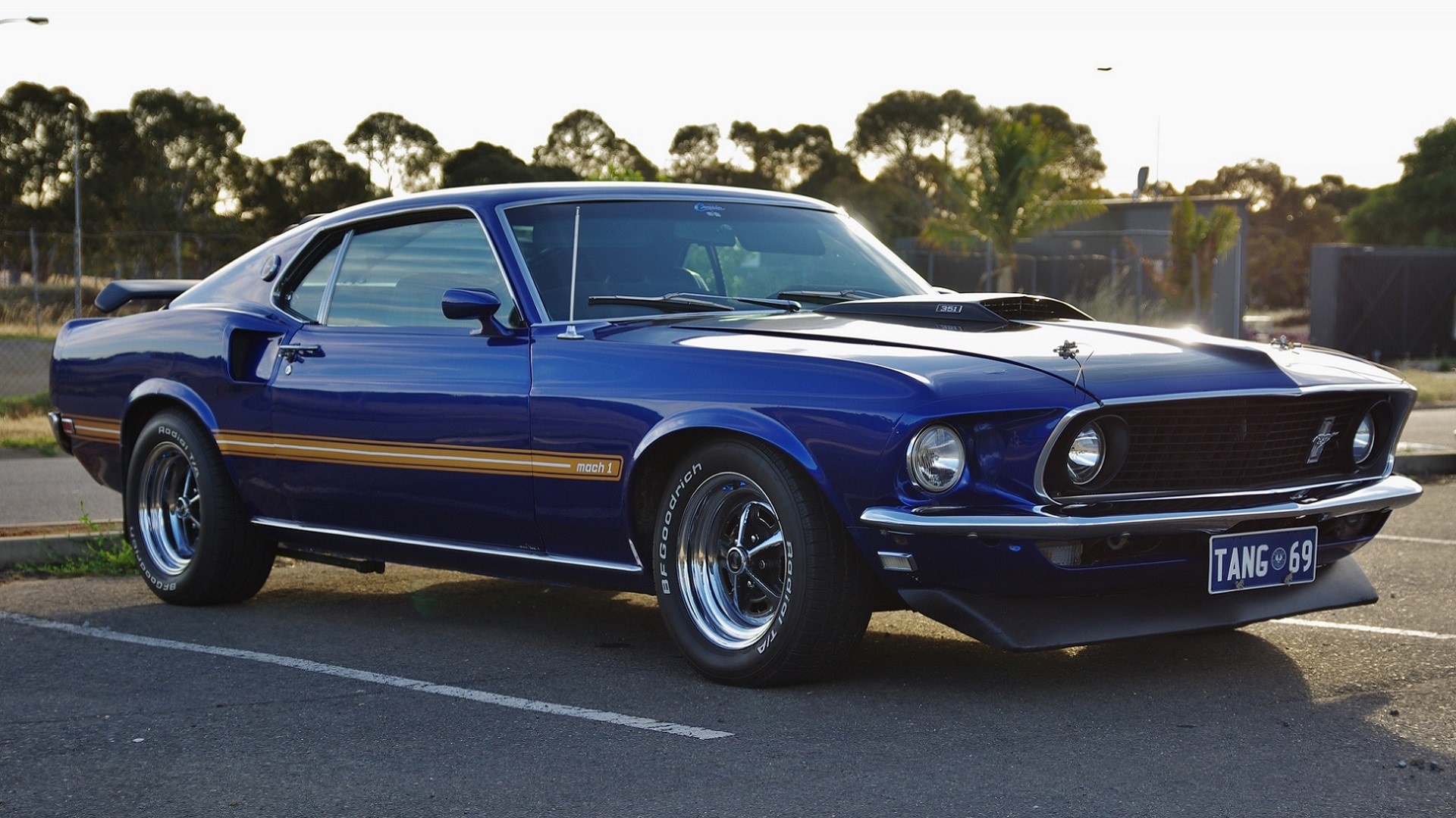 1969 Ford Mustang Mach 1, BFGoodrich Radial T/A tires, Outdoor parking lot, Full HD Desktop wallpaper