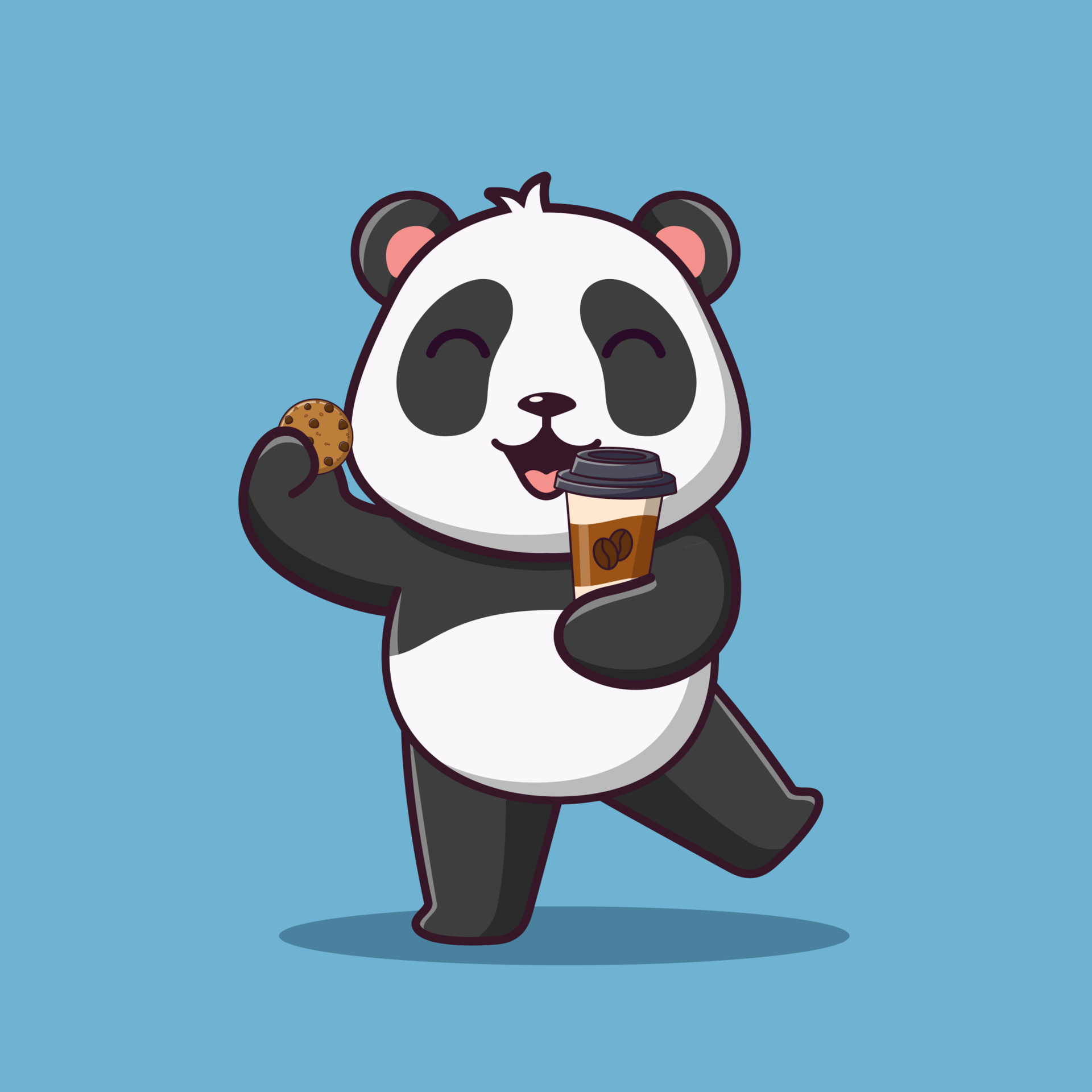 Happy cartoon panda, Disposable coffee cup, Chocolate chip cookie, HD Phone wallpaper
