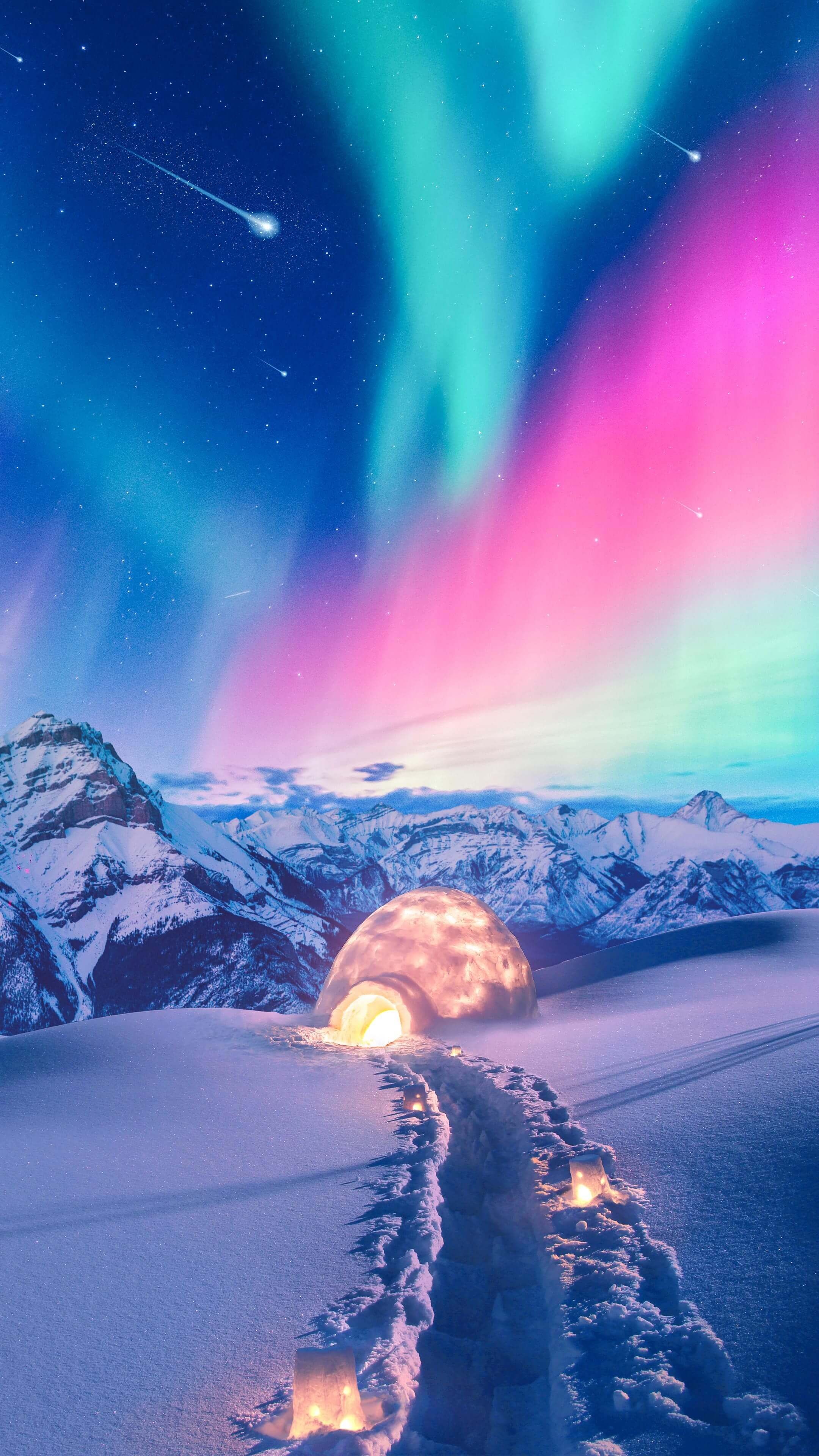 Aurora borealis night sky, Glowing snow igloo, Snow covered mountain ridge, 4K Phone wallpaper
