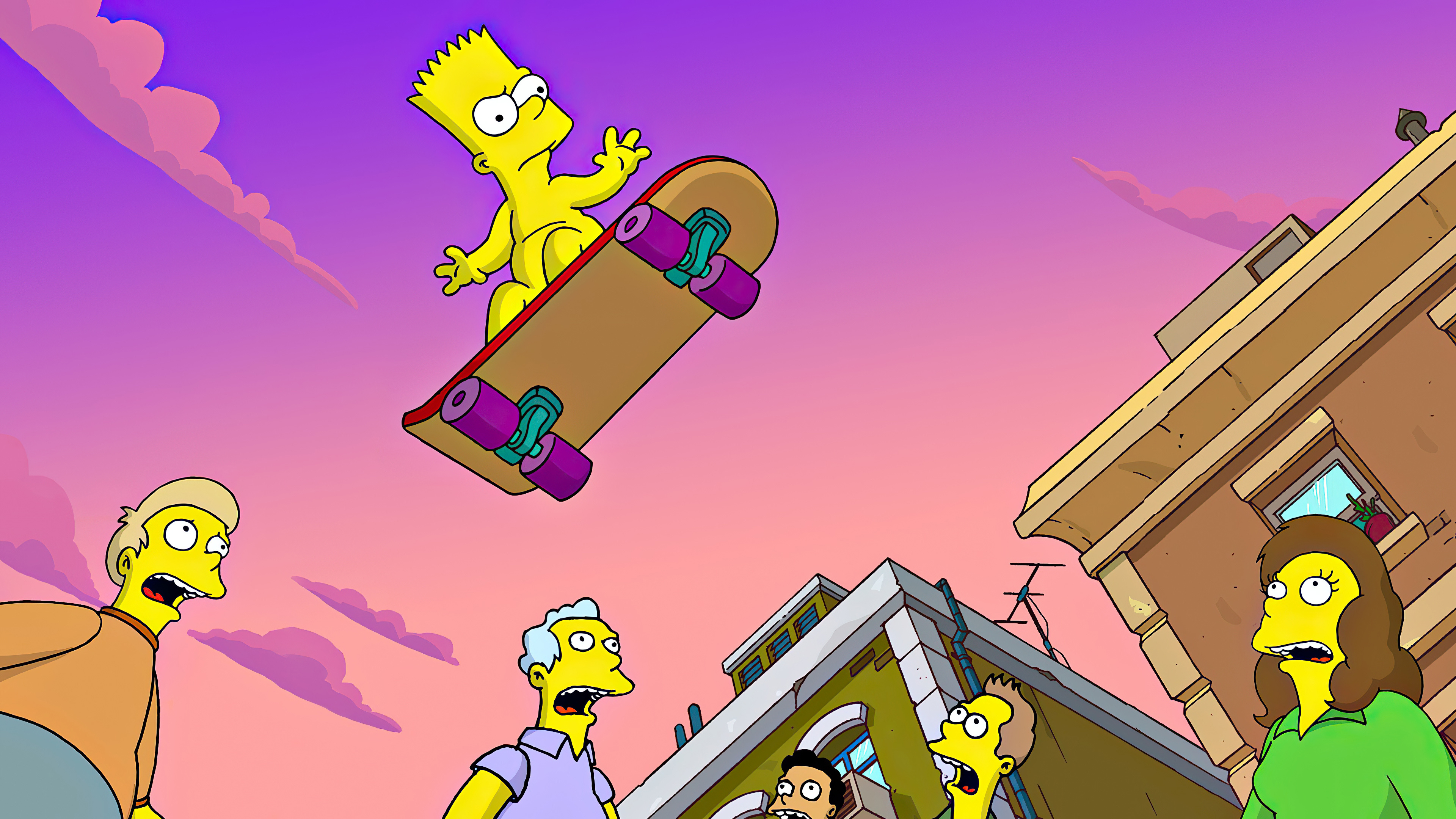 Bart Simpson on skateboard, The Simpsons Movie, Shocked Springfield residents, 4K Desktop wallpaper