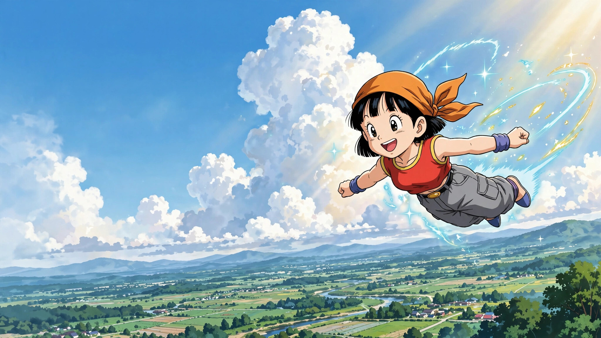 Pan, Orange head kerchief, Red sleeveless top, Flying over green fields, Summer sky, Dragon Ball GT, HD Desktop wallpaper