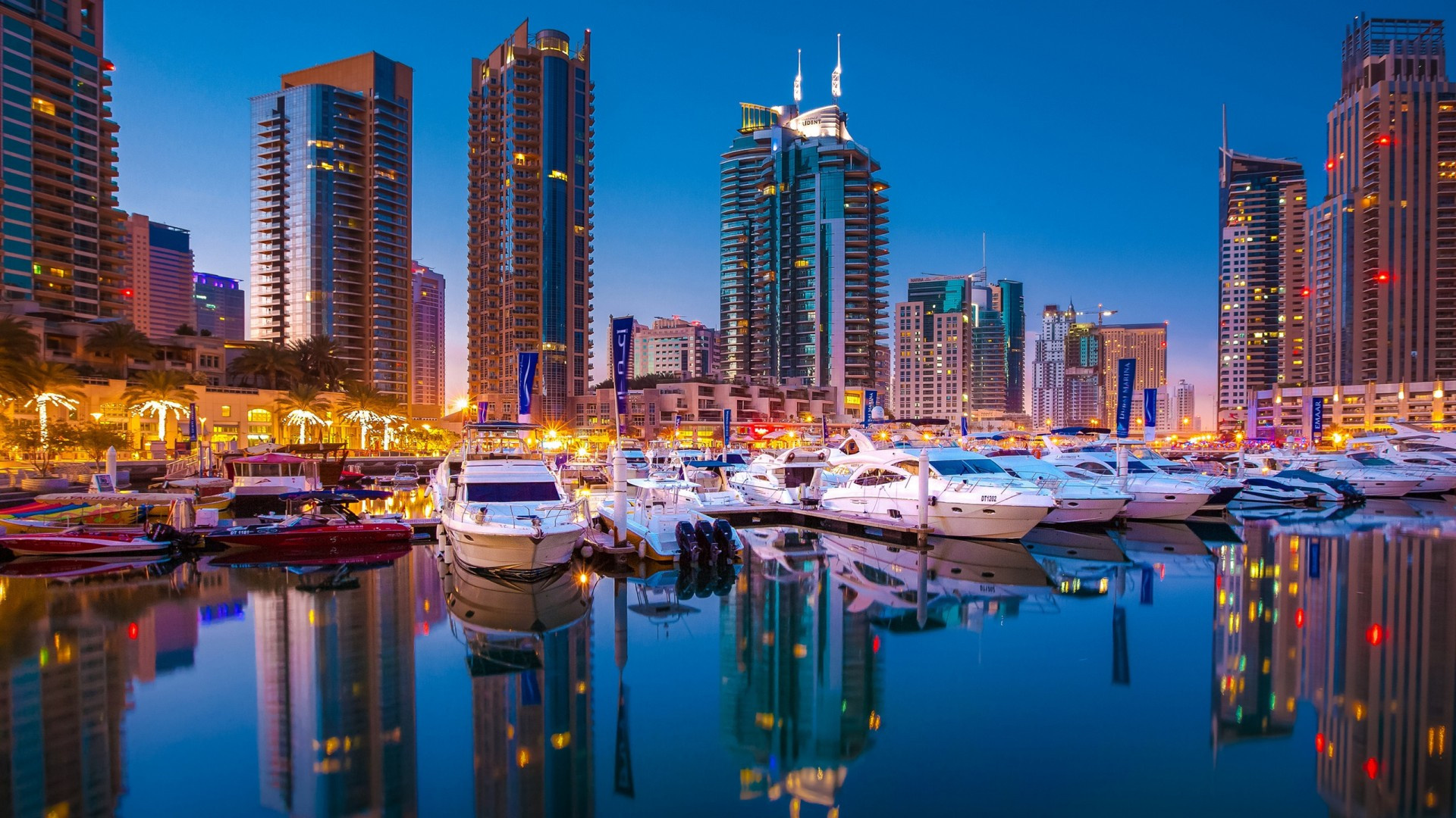 Dubai Marina, Skyscrapers, Modern architecture, Boats, 1920x1080 Full HD Desktop