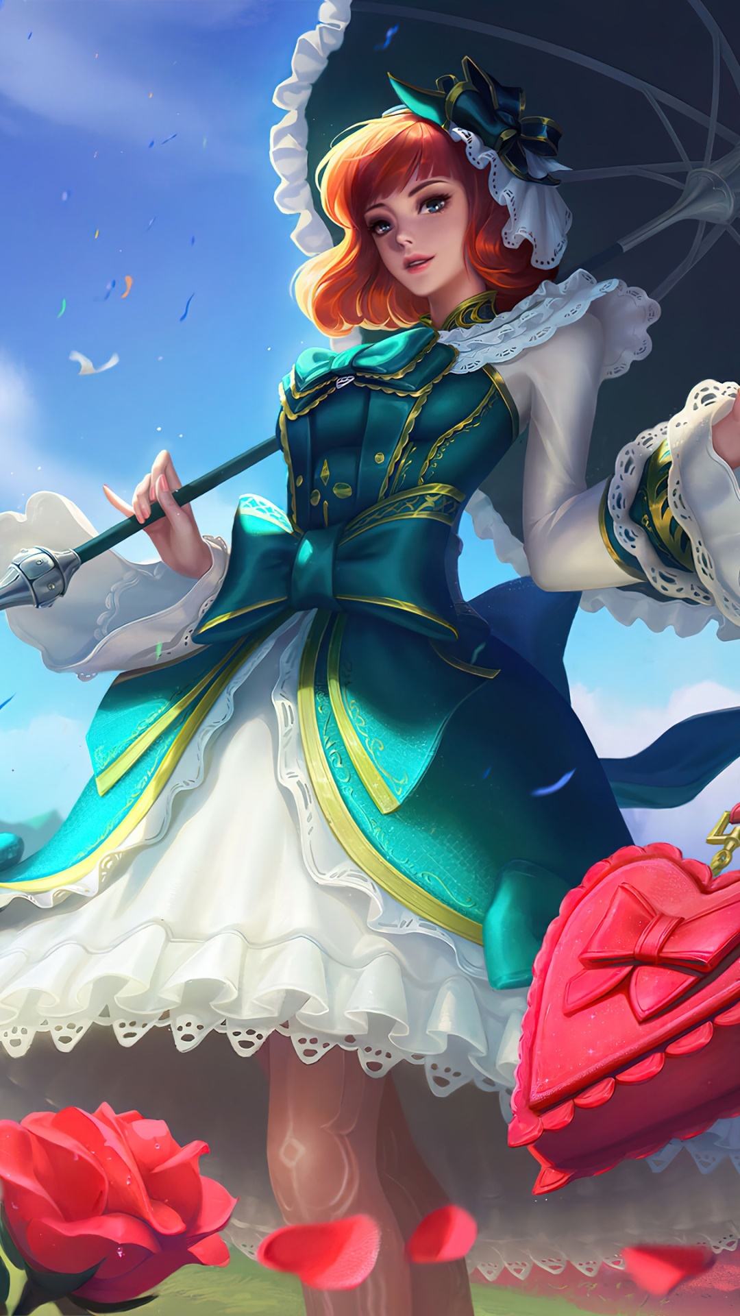 Kagura Mobile Legends, Victorian green ruffled dress, Parasol umbrella, Full HD Phone wallpaper