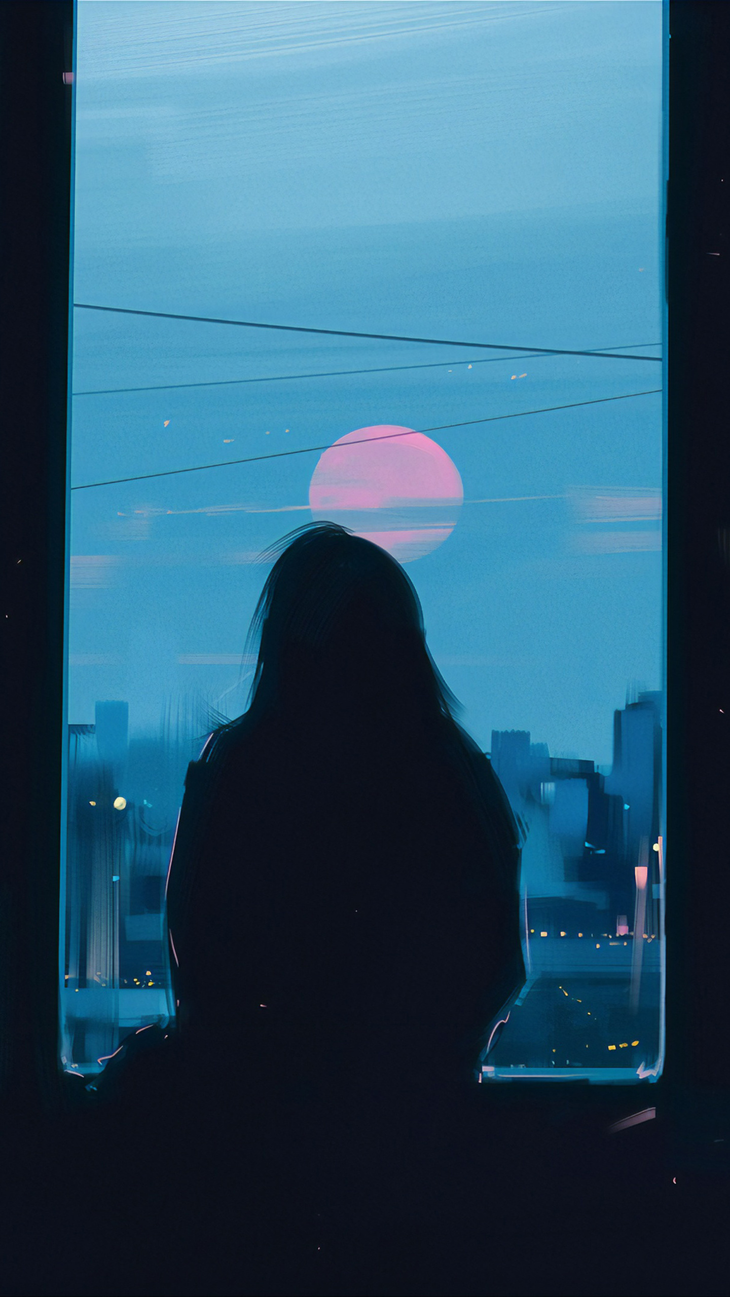 Girl silhouette at window, Pink moon twilight sky, Blue city skyline silhouette, HD Phone wallpaper