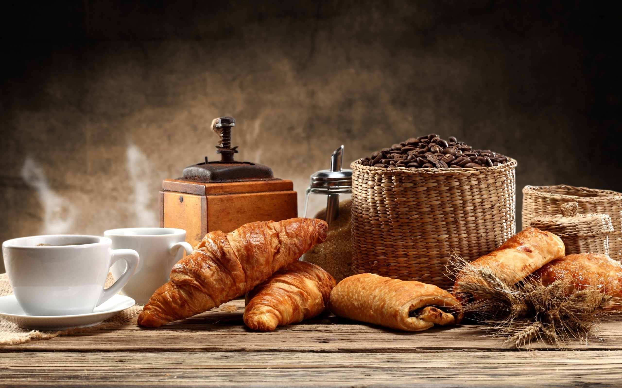 Grains and croissants, Full HD wallpapers, Coffee beans, High resolution, 2560x1600 HD Desktop