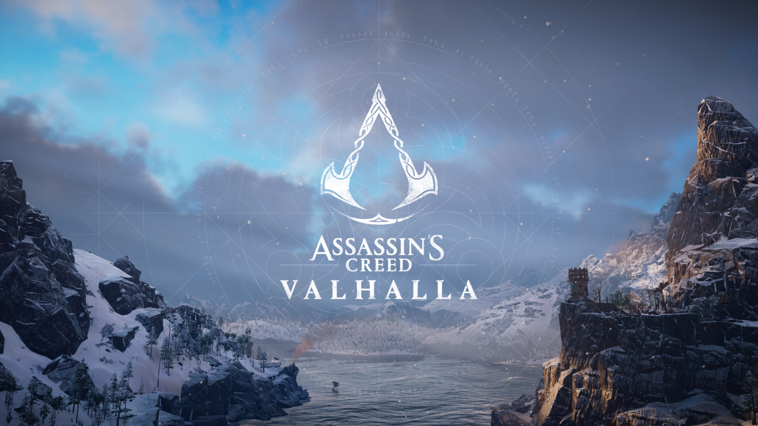 Assassin's Creed Valhalla logo, Snow-covered fjord landscape, Cliffside stone watchtower, HD Desktop wallpaper