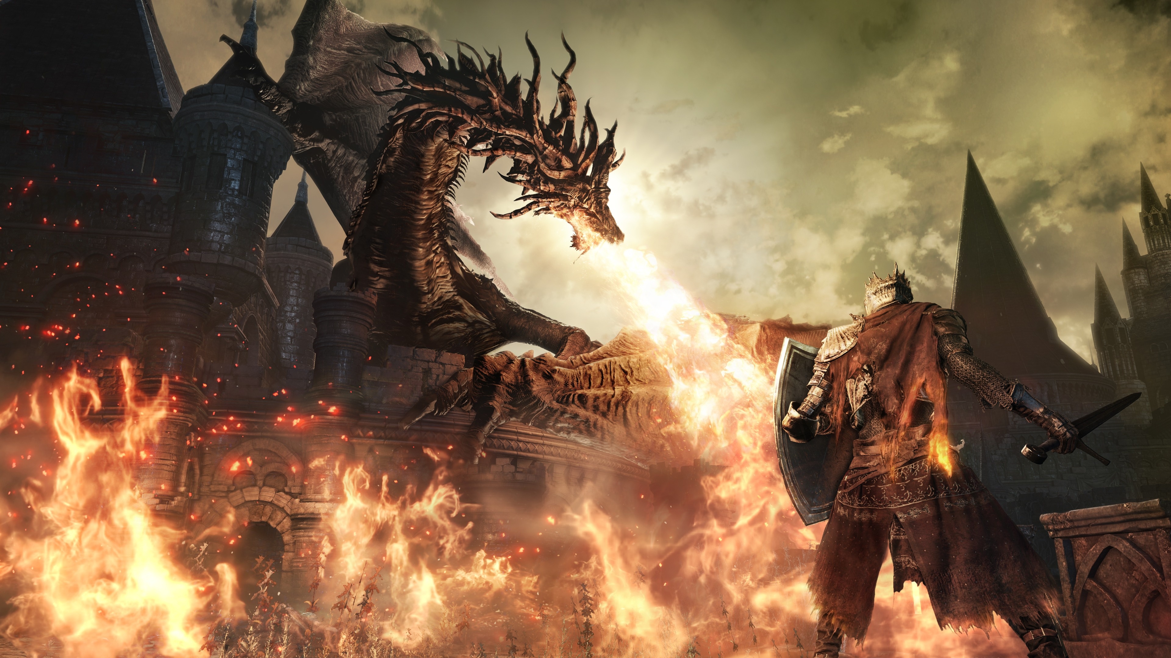 Lothric wyvern, Ashen One, High Wall of Lothric, 4K Desktop wallpaper