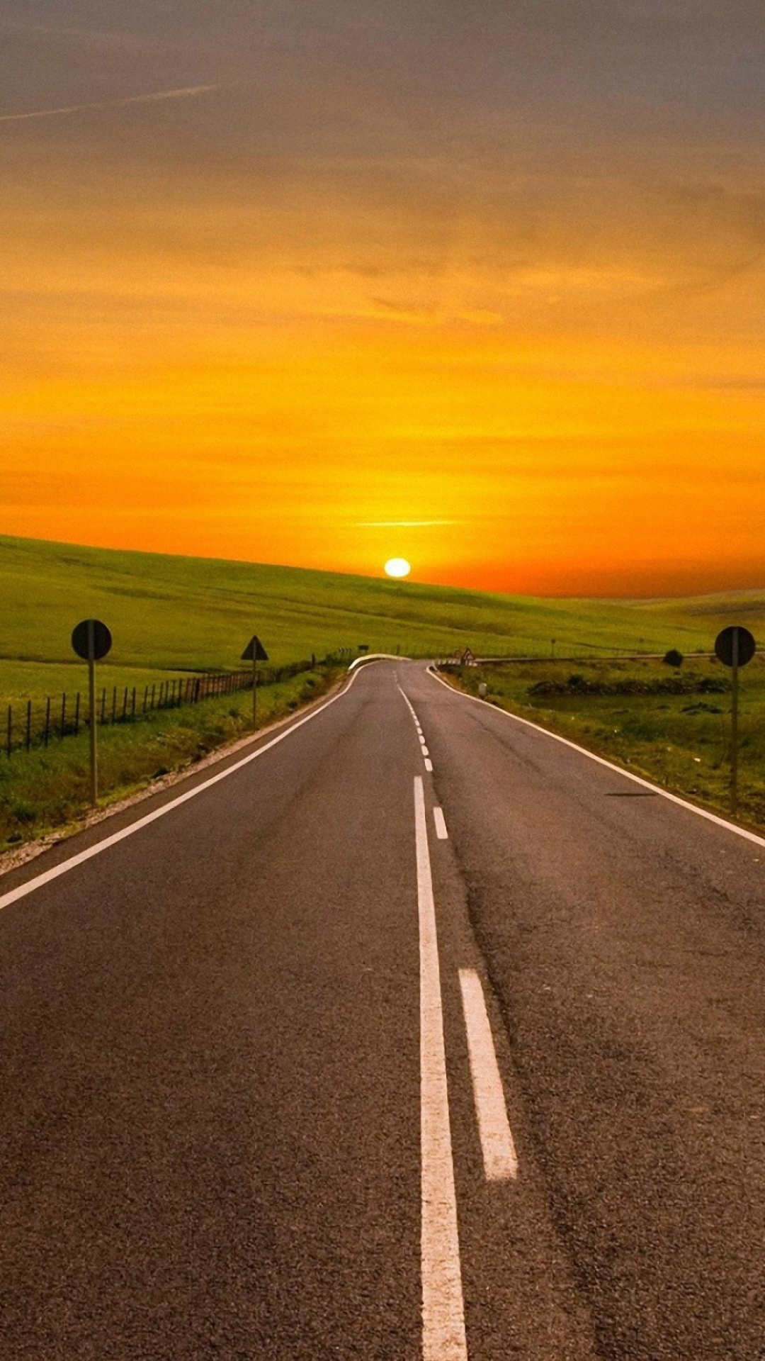 two-lane country road, setting sun over hill, rolling green hills, Full HD Phone wallpaper
