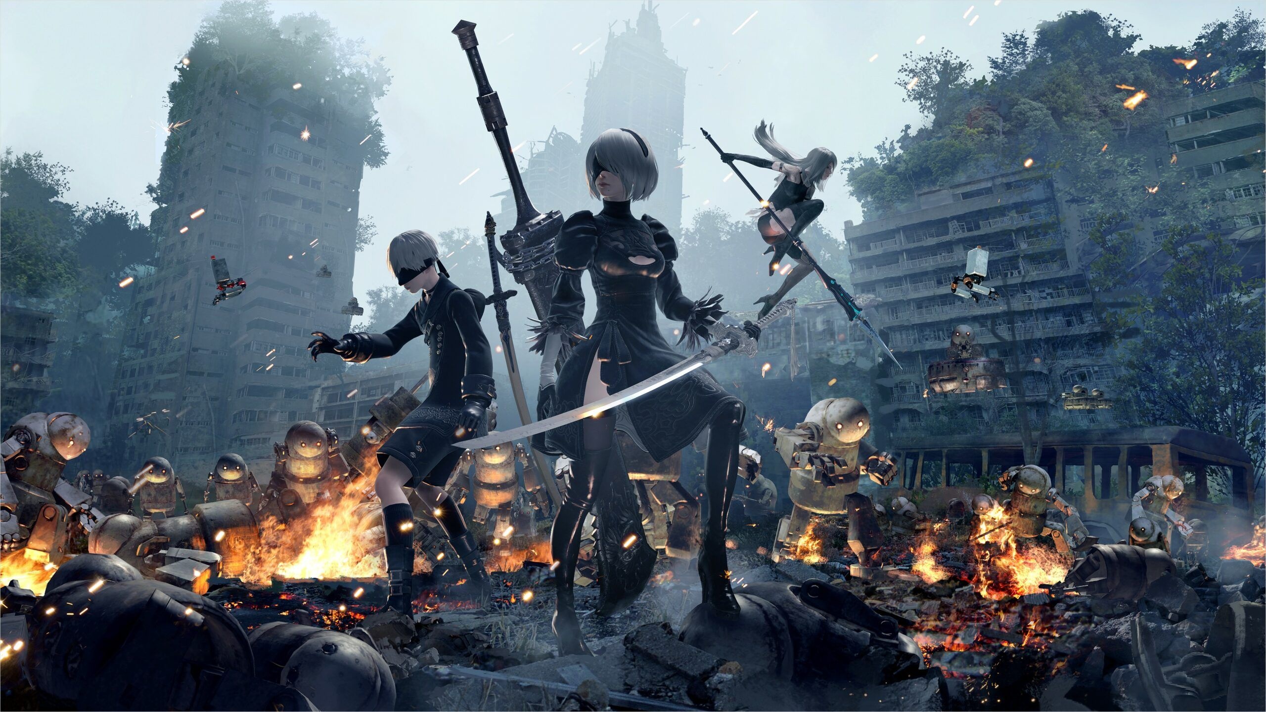 2B YoRHa No.2 Type B, 9S YoRHa No.9 Type S, A2 YoRHa Type A No.2, NieR: Automata Machine Lifeforms, Overgrown Ruined City, HD Desktop wallpaper