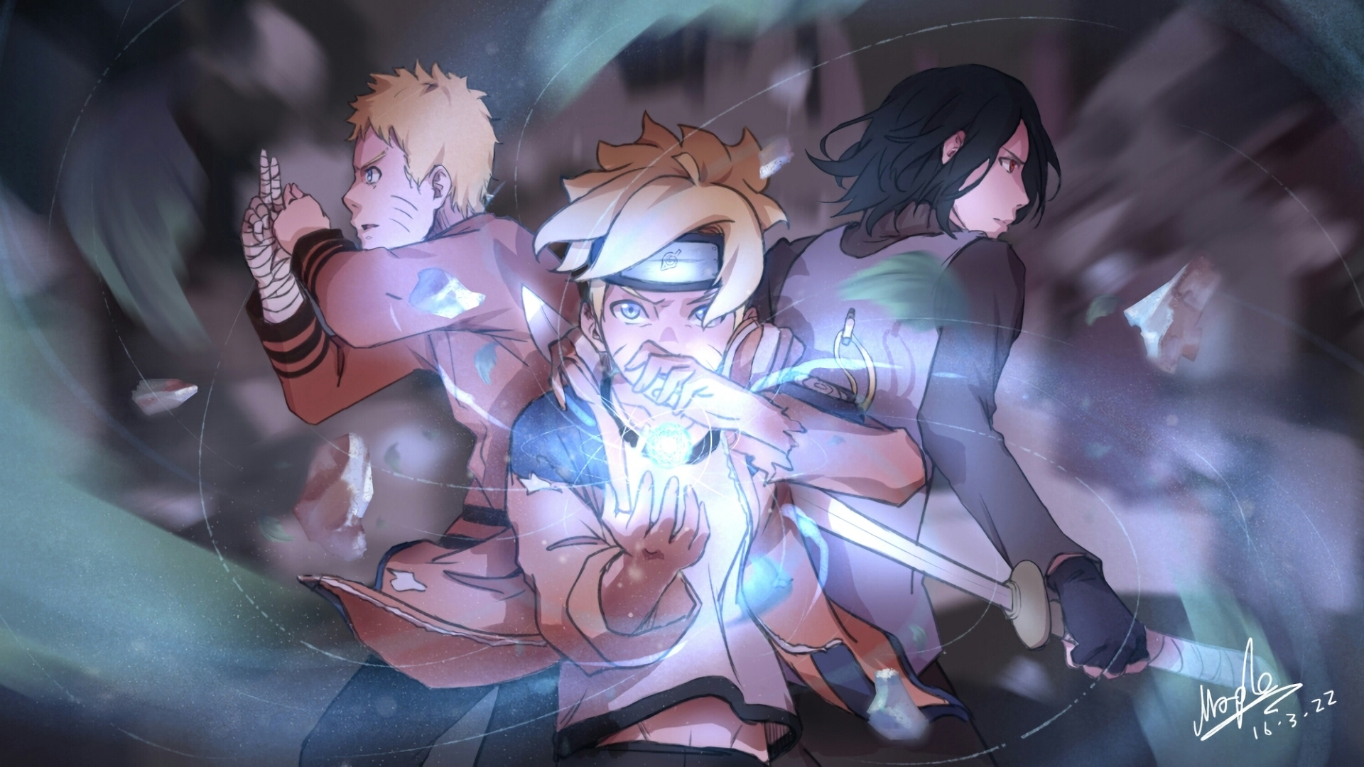 Boruto Uzumaki, Naruto Uzumaki, Sasuke Uchiha, Rasengan, Full HD Desktop wallpaper